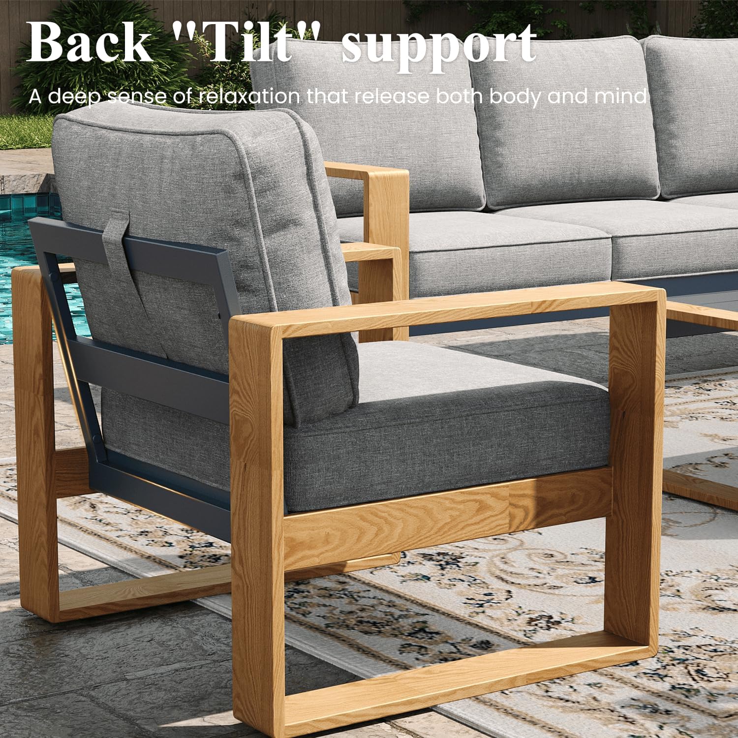 LayinSun 5 Pieces Aluminum Patio Furniture Set with Fire Pit Table, Oversized Seat with Hight Back, Outdoor Conversation Sets for Porch, Balcony, Deck