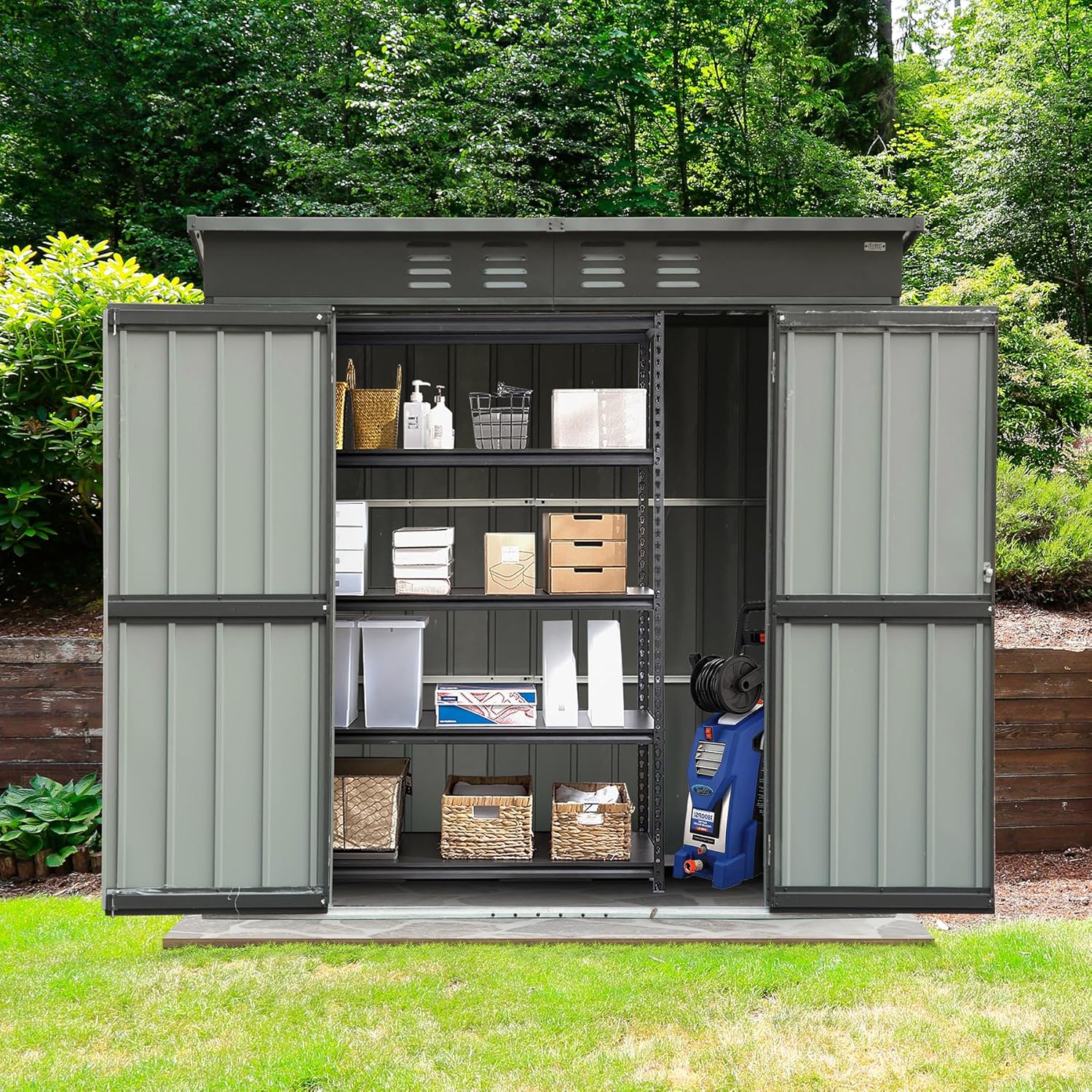 Domi 6 x 4 FT Outdoor Storage Shed, Metal Garden Shed for Bike, Trash Can, Tool, Lawn Mowers, Pool Toys, Lockable Outdoor Storage Cabinet Galvanized Steel for Backyard, Patio, Lawn Dark Gray