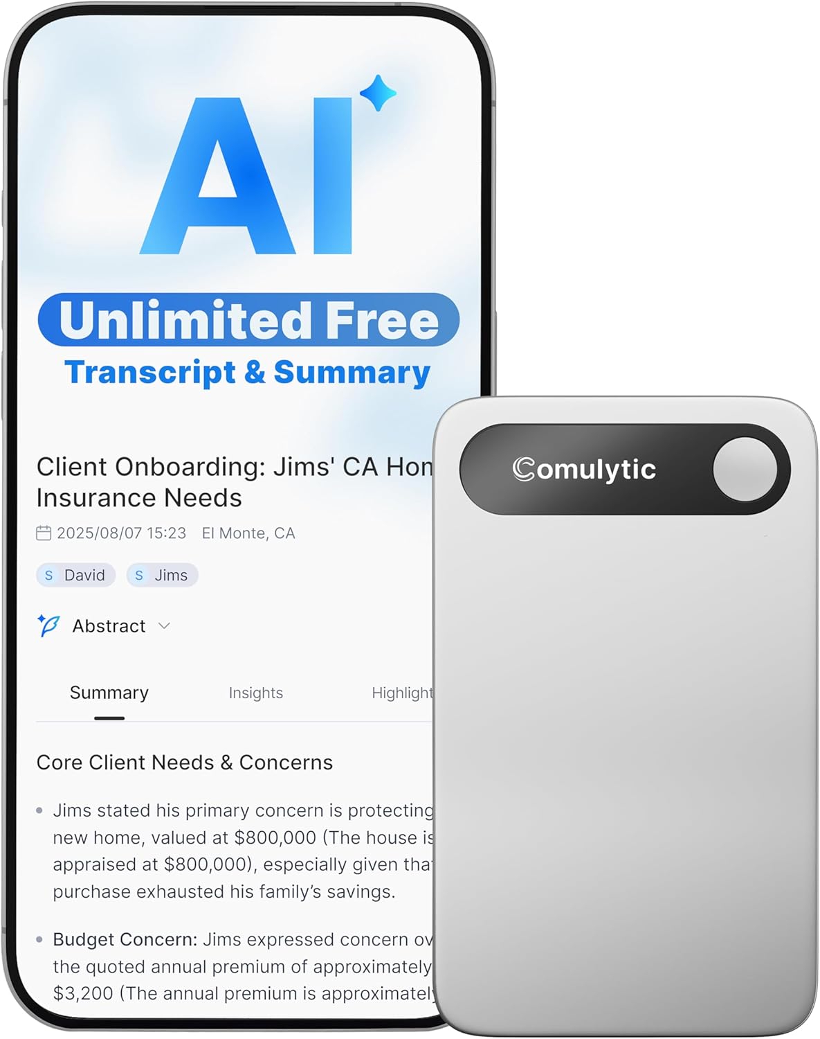 Comulytic Note Pro AI Voice Recorder, Unlimited Transcribe & Summarize, One Tap Recording Device with AI Note Taking, Support 113 Languages, 64GB, Audio Recorder for Calls, Meetings, Lectures, Silver