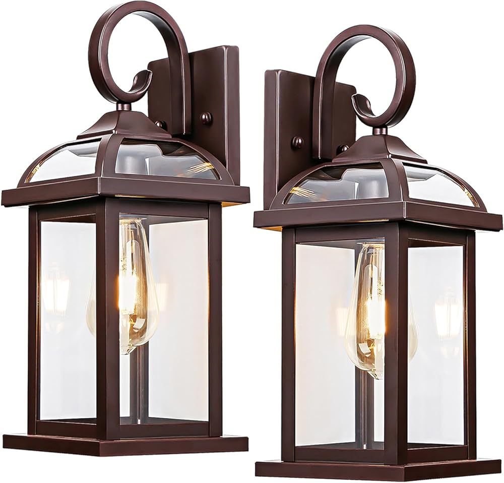 Bronze Outdoor Wall Lanterns Aluminum Anti-Rust Porch Lights 2-Pack, Exterior Light Fixtures IP65 Waterproof Clear Glass Brown Outdoor Sconces Lamps Wall Mount, Oil Rubbed Bronze