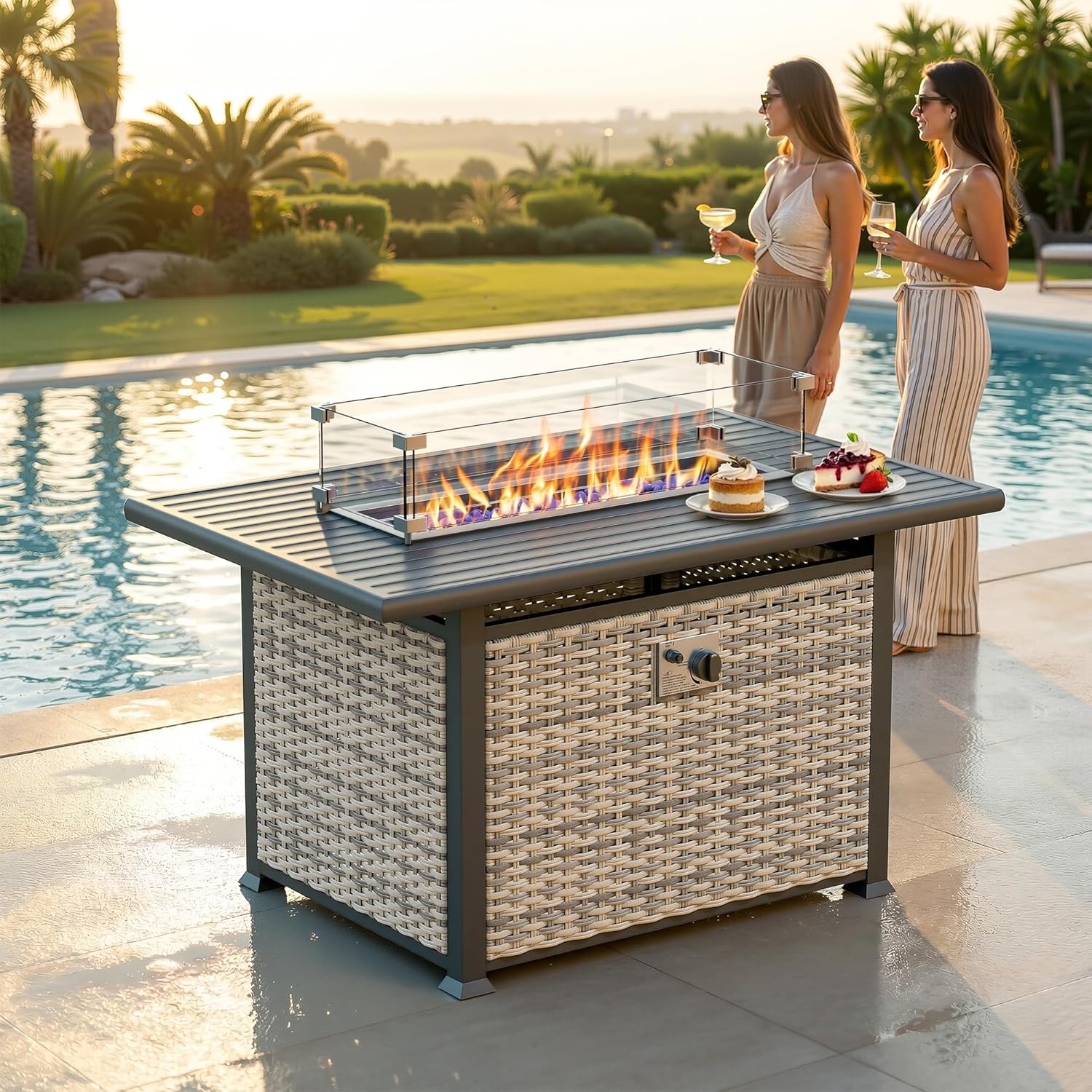 43 Inch 55,000 BTU Propane Gas Fire Pit Table, Outdoor Patio Fire Pit with Upgraded Rattan, Wind Guard, Blue Glass Stones, Extended Table Edge for Extra Storage, Easy Assembly, Grey
