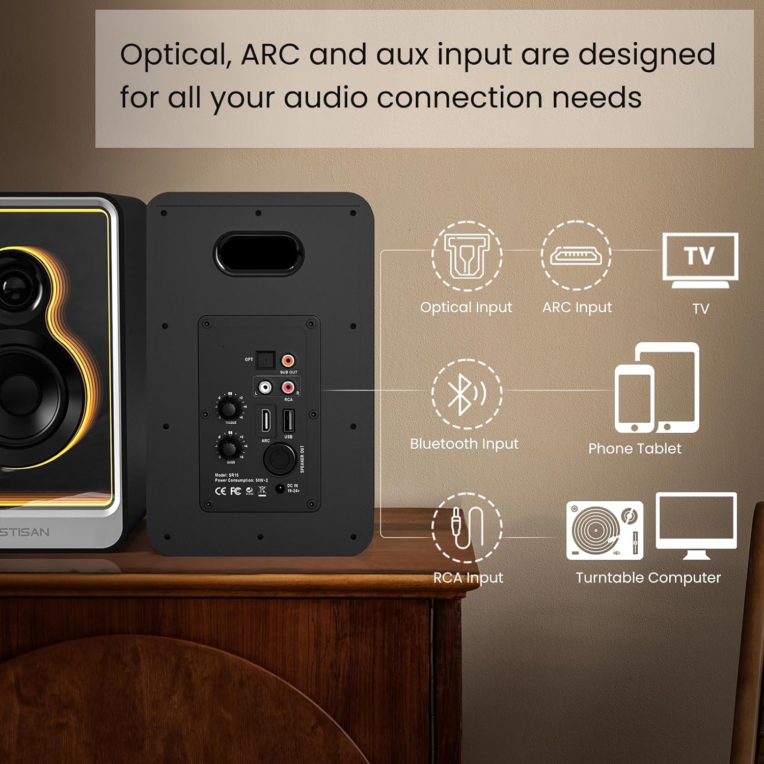 BESTISAN SR15 Bluetooth Bookshelf Speakers, Active Stereo Speakers for TV/Record Player with Subwoofer Out and Light Effects, Turntable Speakers with Optical/ARC/RCA Inputs for PC and TVs