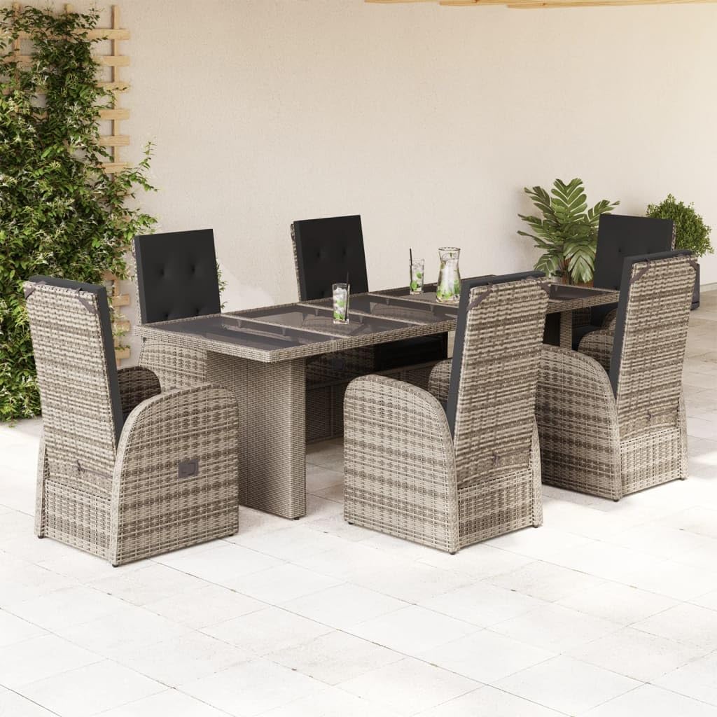 6-Seater Garden Dining Set, Grey PE Rattan Outdoor Table and Chairs, Modern Patio Furniture with Removable Covers, Tempered Glass Top