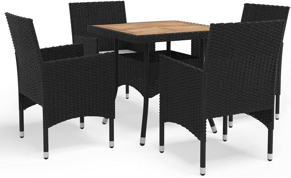 5-Piece Outdoor Dining Set, Black and Brown Synthetic Poly Rattan Patio Furniture, Square Table with 4 Armchairs, UV Resistant Balcony Furniture for Garden and Terrace