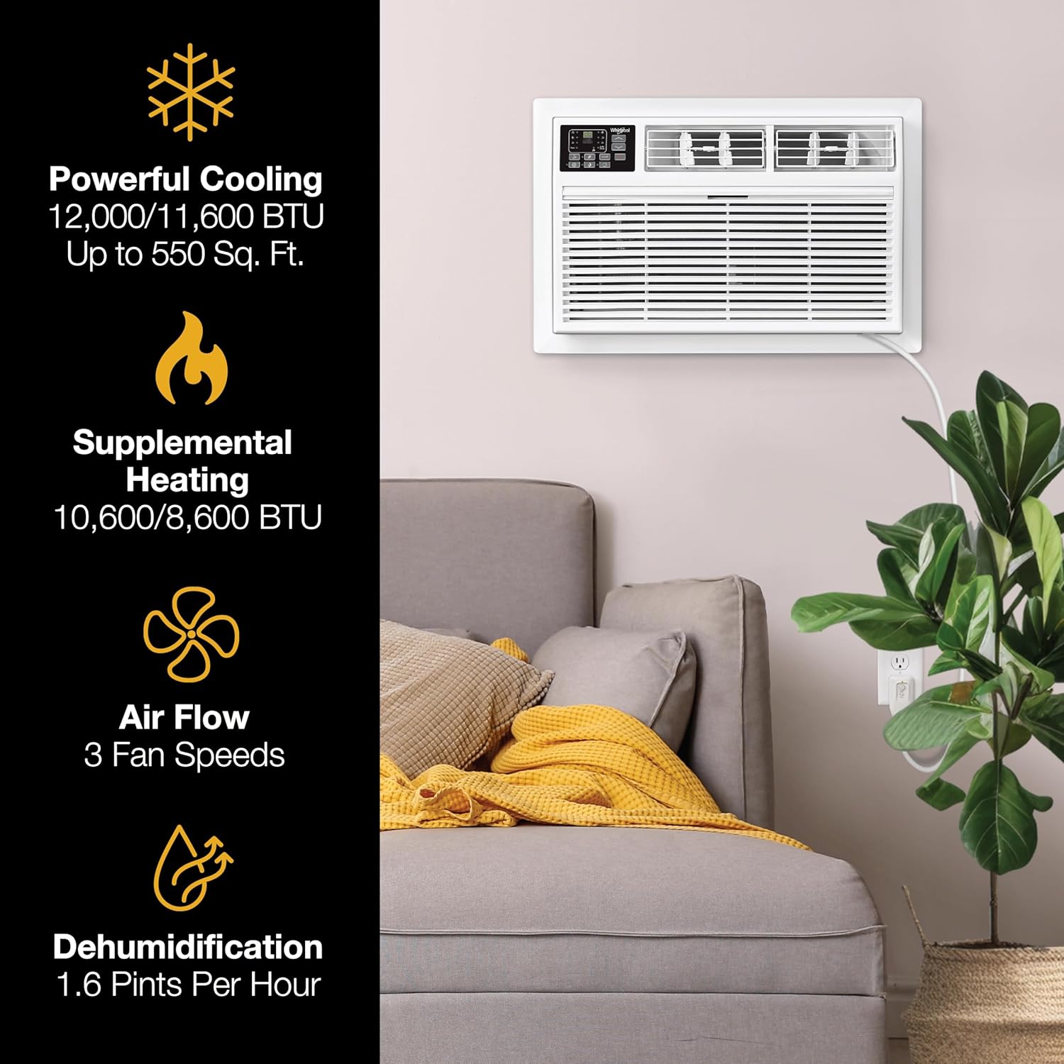 Whirlpool 12,000 BTU 230V Through-the-Wall Air Conditioner with Supplemental Heat, Dehumidifier and Remote, Wall AC Unit for Apartment, Living Room and Medium Rooms up to 550 Square Feet in White