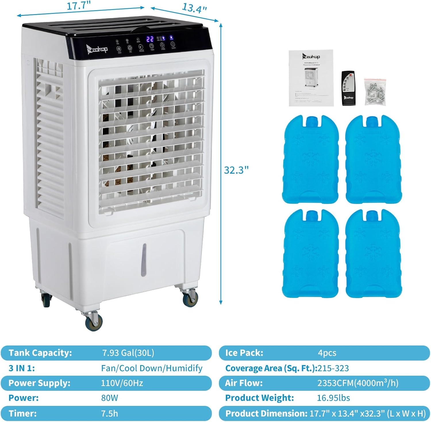 3 in 1 Portable Evaporative Cooler with 4 Ice Packs & 7.93 Gal Large Water Tank, 2353CFM Cooling Fan with Remote, 7.5H Timer, 3 Speeds, 90° Oscillation, Air Conditioner Portable for Indoor Outdoor