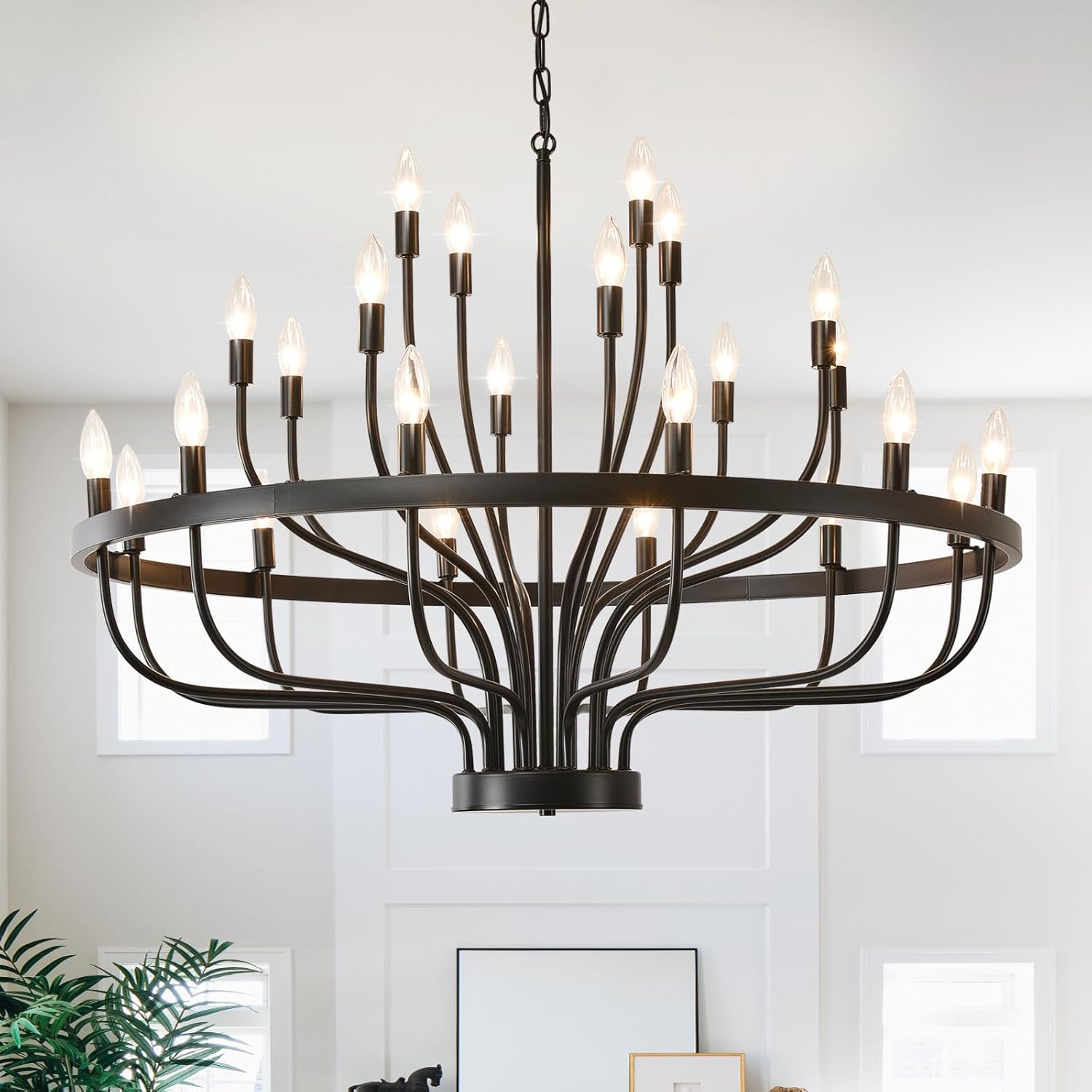 39.3 Inch Chandelier 24 Light Black Dining Room Light Fixture, Black Farmhouse Chandeliers for Dining Room, Large Chandelier Rustic Industrial Candle Chandeliers for Hallway, Entryway,Office,Bar