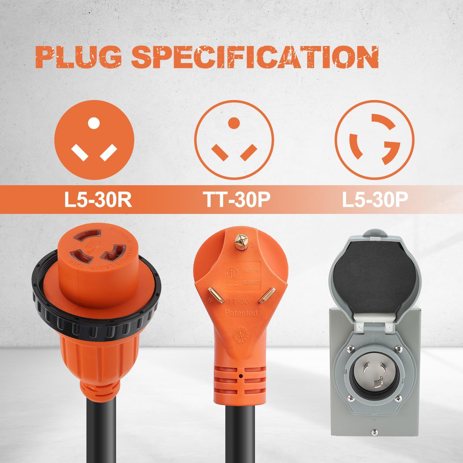 Finderomend 30 Amp Generator Inlet Box Pre-drilled and 50ft 30 Amp RV Extension Cord Combo Kit, NEMA TT-30P to L5-30R RV Power Cord with NEMA L5-30P Inlet,UL/ETL Listed (50ft)