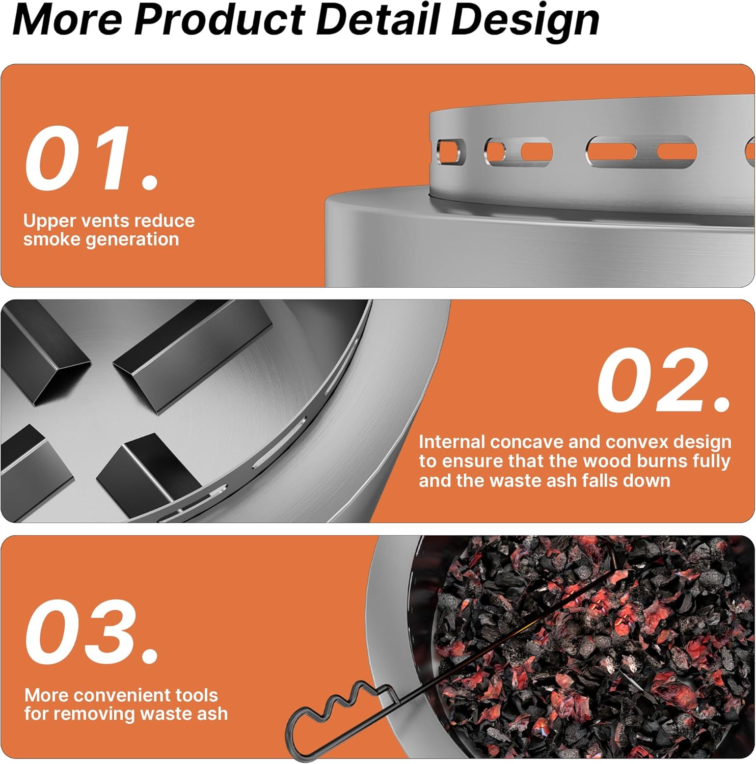 19 Inch Smokeless Firepit Outdoor with Fire Hook, Wood Burning Portable Fire Pit Stainless Steel for Backyard Patio Garden Picnic Camping (Silver)