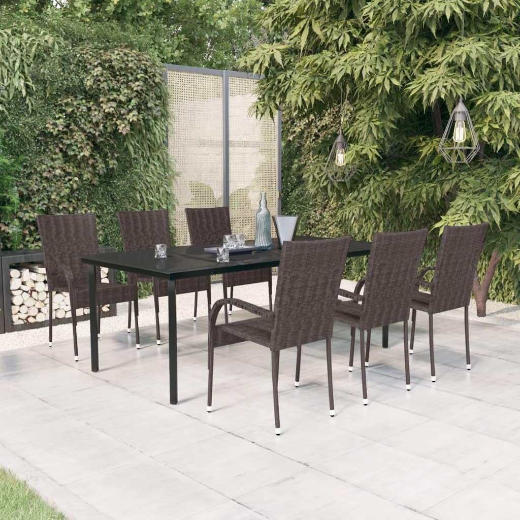 7 Piece Patio Dining Set Brown and Black,AllWeather Rattan Patio Dining Set with Durable Steel Frame and Glass Tabletop Patio Furniture Sets, Outdoor Furniture Sets
