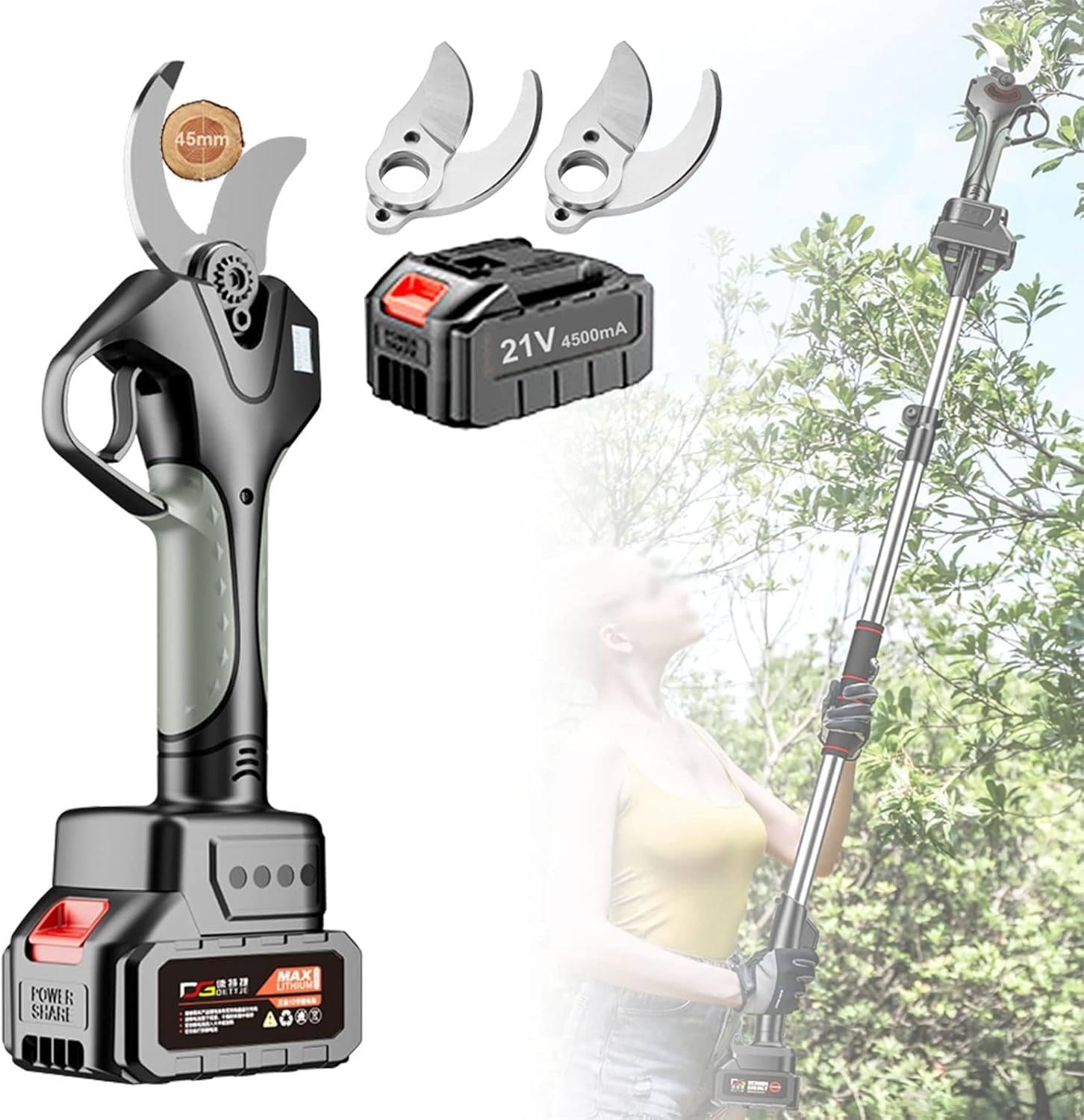 Electric Pruning Shears with Spare Blade Battery, Electric Pruner, Long Reach Pruner Branch Scissors with 2.1m Telescopic Pole, 45mm Cut Electric Pruner Battery Powered,WithoutExtensionPole