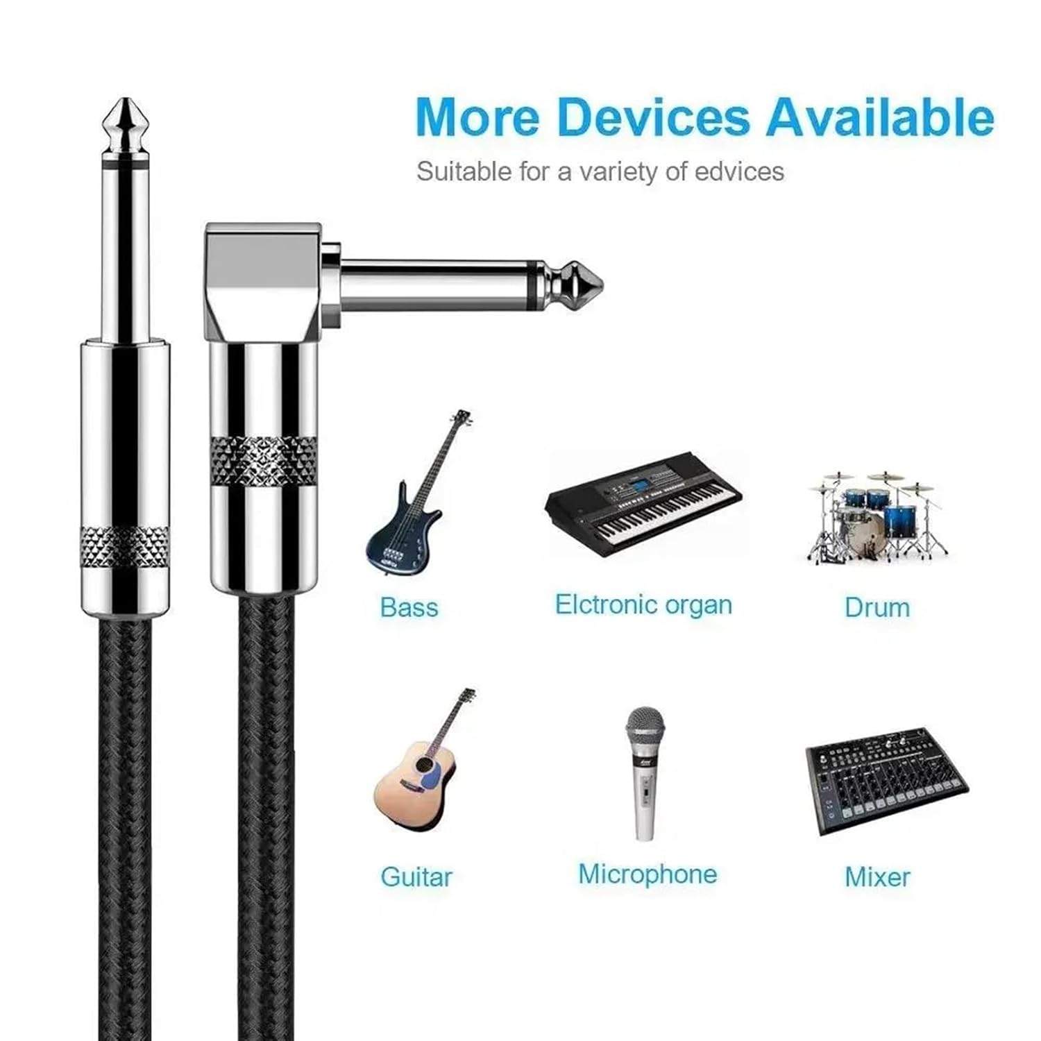 Pro Audio Cable 10m /5m /300cm /2m /1m Aux Cable for Electric Guitar Bass Instrument Amplifier Cord 1/4 Right Angle Straight(Right Angle,10m)