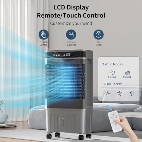 Zynkez 8.2 Gal Swamp Cooler with Remote, 2800CFM Portable Evaporative Air Cooler with 12H Timer, 3 Seepds, 6 Ice Packs, 120°Oscillation, Swamp Cooler Fan for Room, Bedroom, Garage