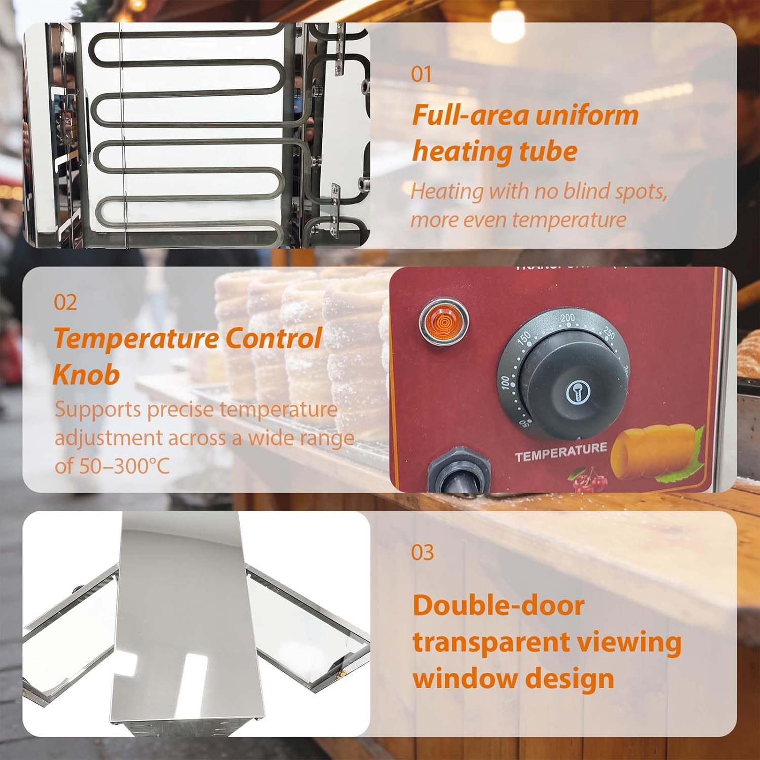 110V 3200W Electric Ice Cream Cone Maker, 60-80 pcs/h Production, Stainless Steel Chimney Cake Machine, 8-Station Baking Oven with 16pcs Roller for Chimney Cake and Bread Rolls
