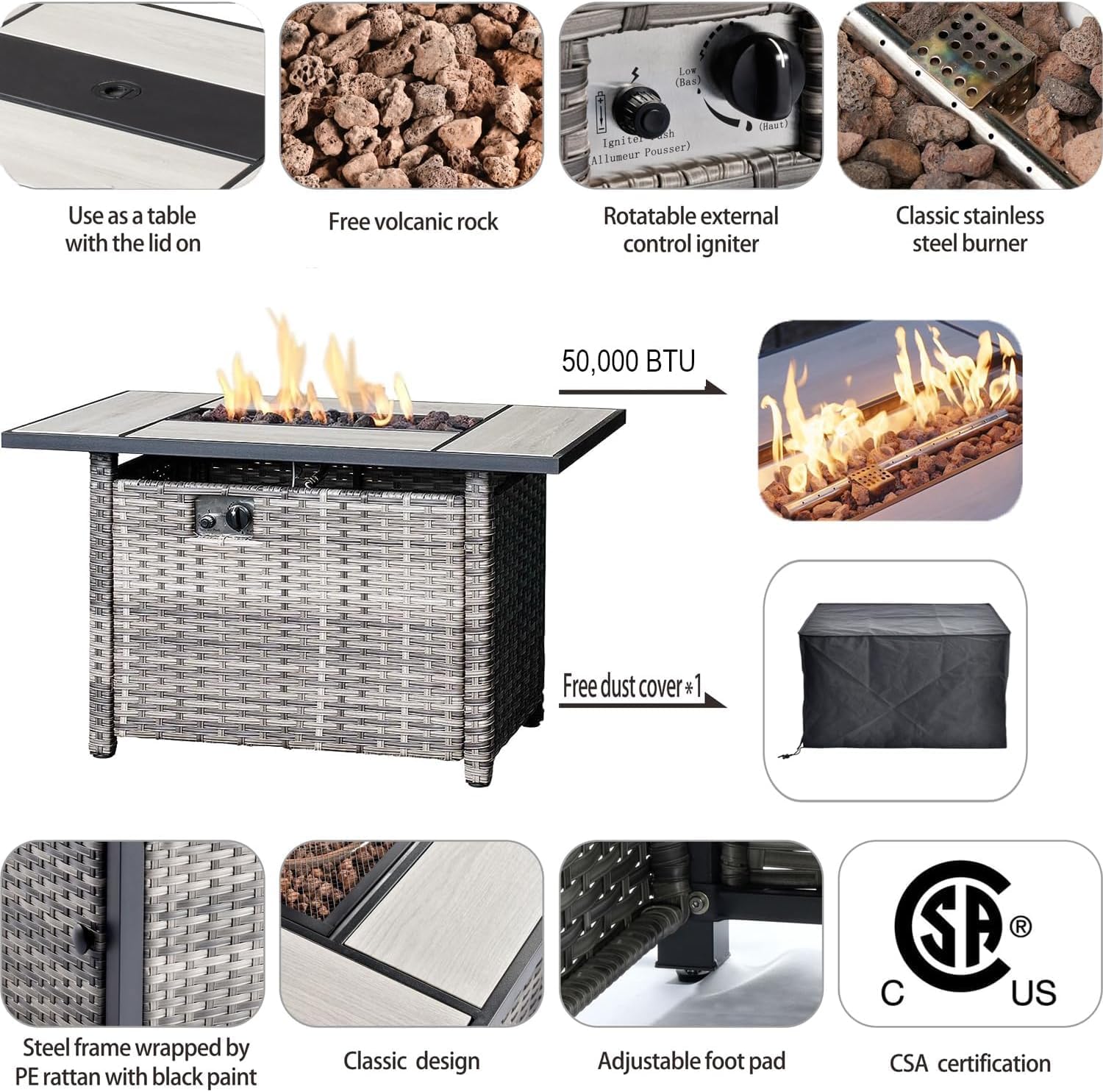 HOOOWOOO 13 Piece Patio Sectional Furniture Set with Fire Pit Table,Modern Wicker Outdoor Conversation Sofa Sets,All Weather Modular L Shaped Outside Couch Swivel Chair Set(Light Grey)