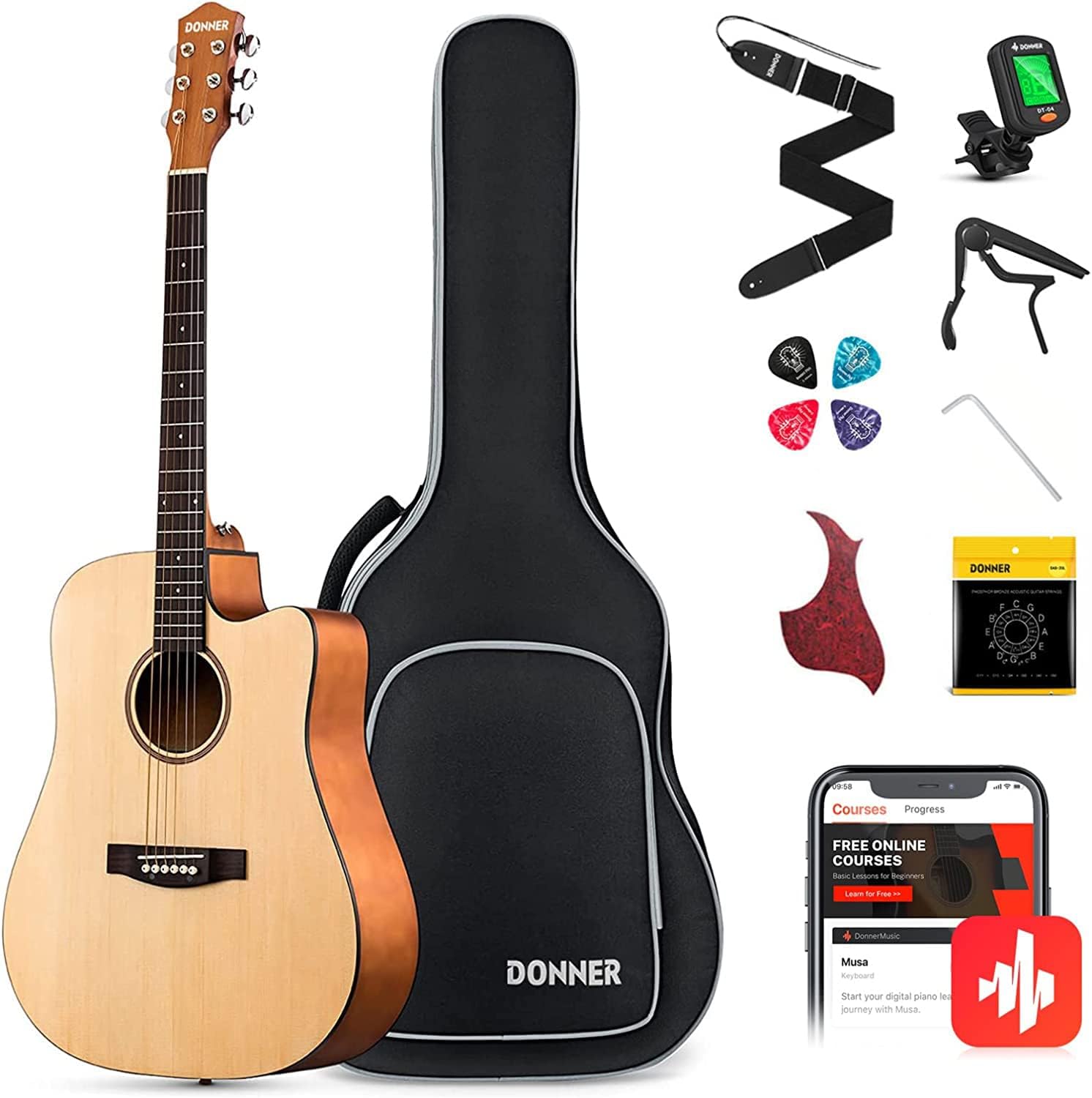 Donner Acoustic Guitar Kit for Beginners Adult Teen - Starter Kit, Full Size 41'' Cutaway Acustica Guitarra Bundle with Free Online Lesson,Gig Bag, Strap, Tuner, Capo, String, Natural, DAD-140C