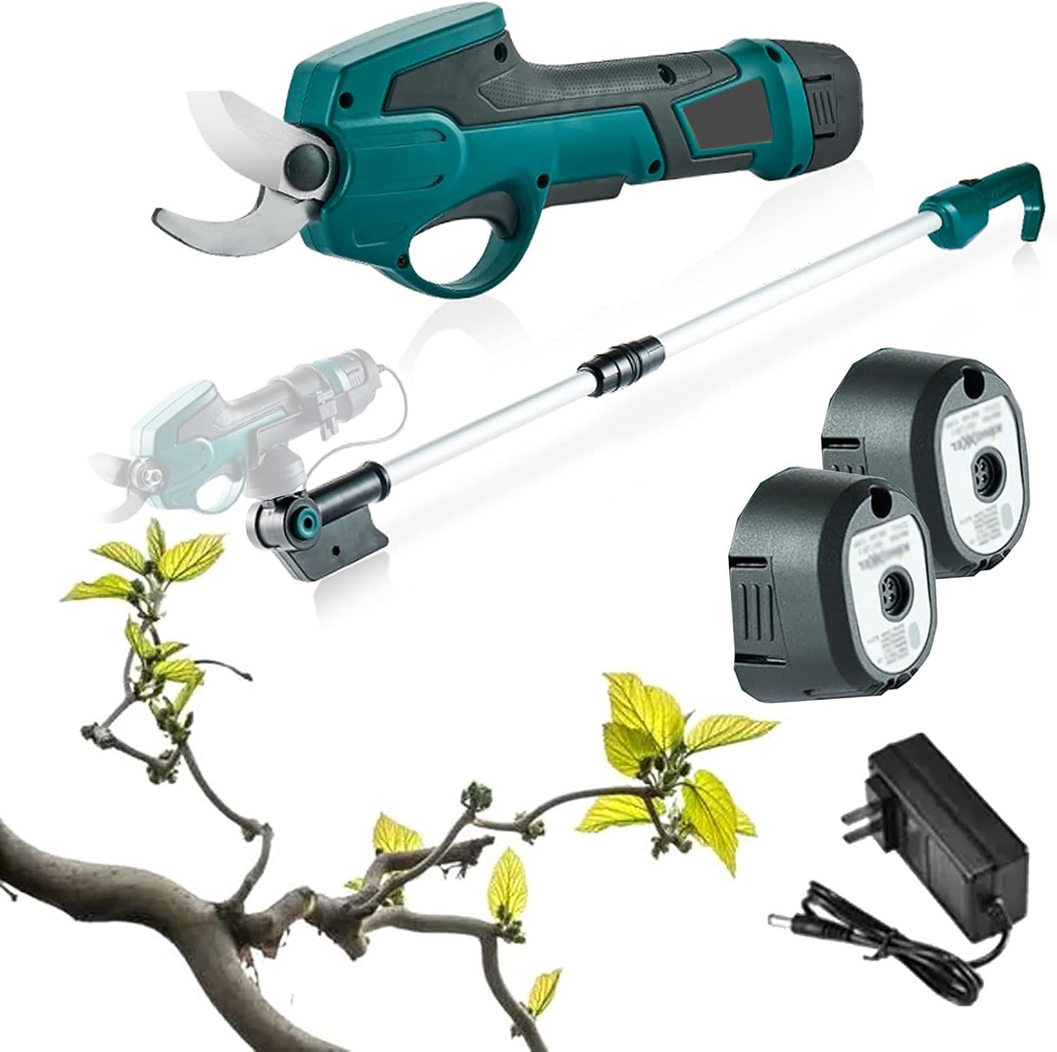 Cordless Pruning Shears Electric Pruning Shears Tree Branch Pruner Lithium Battery Powered with Extension Pole, 2 Rechargeable Battery, Tree Branch Scissors for Garden High Branch Pruning Grafting