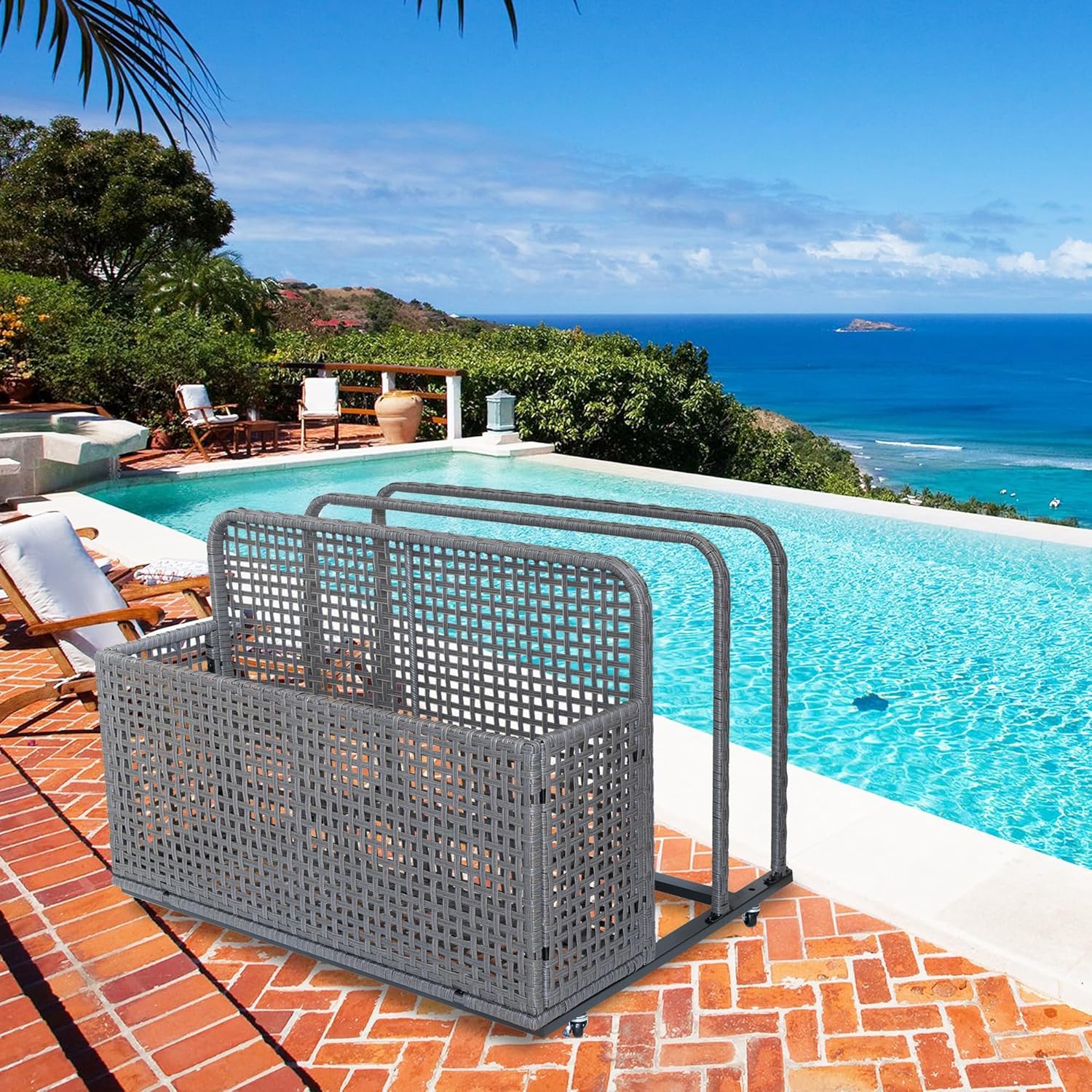 2 Layer Poolside Float Storage Basket, Outdoor Patio Wicker Storage Basket with Pe Rattan, Rolling Wheels for Floaties, Beach Organizers, Grey