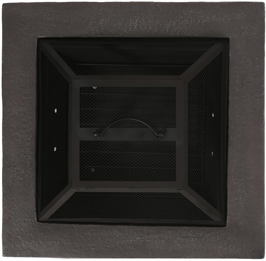 Outdoor Heaters for Patio – Smokeless Fire Pit Table Square Faux Stone-Look Base Steel Fire Bowl Mesh Spark Screen Lid & Poker Wood-Burning Outdoor Fireplace for Backyard