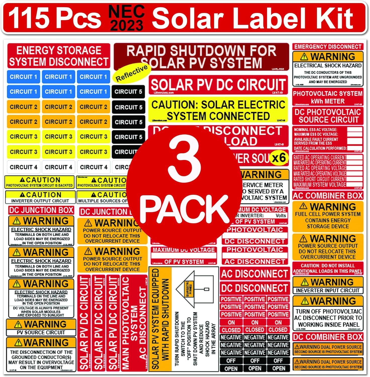 3 Packs of Ultimate 115 Pack 2017/2020/2023 NEC Code Compliant Photovoltaic Solar System Label Kit Electrical Panel Safety Stickers Outdoor Rated Laminated