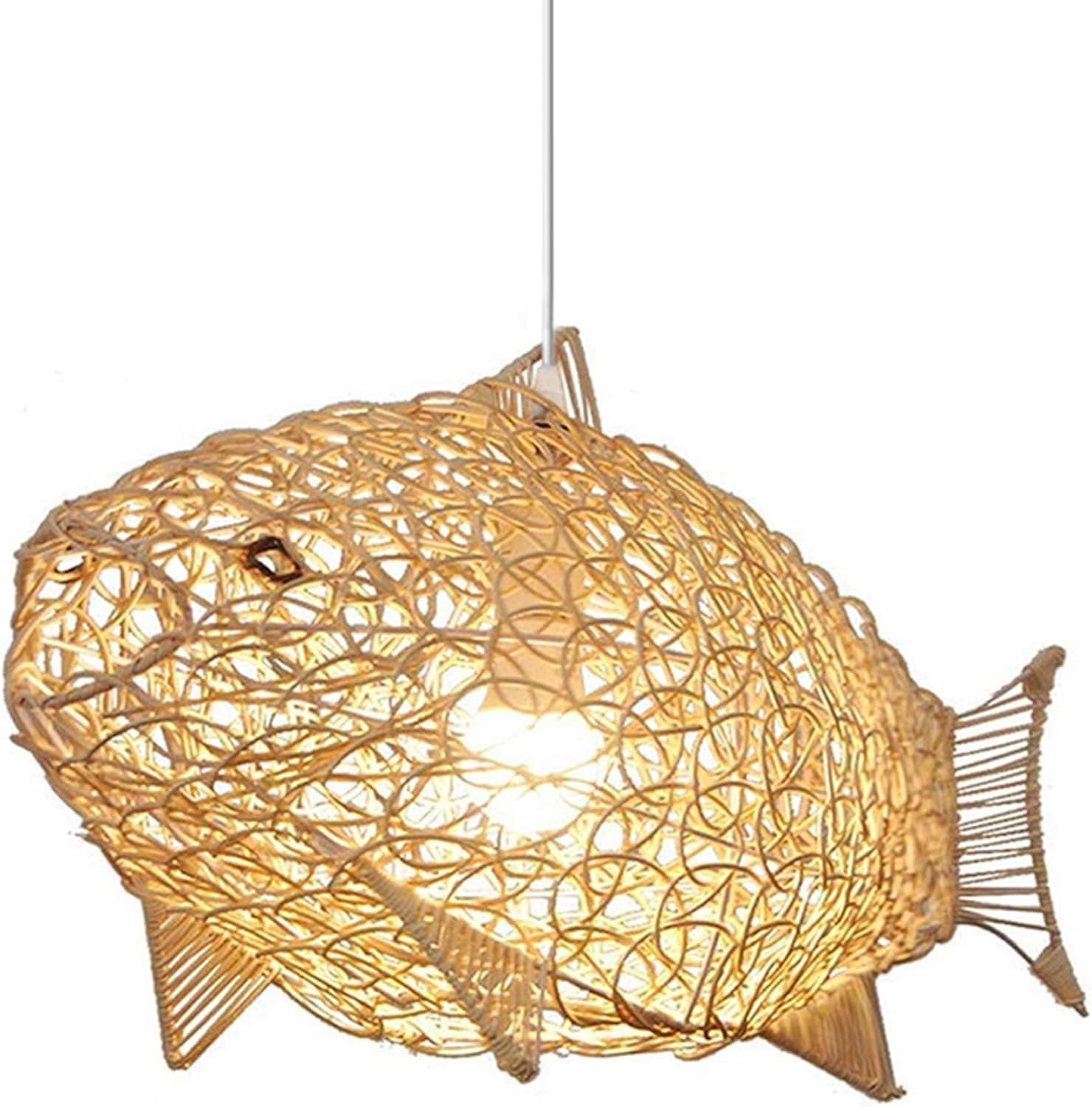Fish-Shaped Lantern Pendant Lighting Rattan Light, 24inch Weaving Natural Wicker Ceiling Hanging Light Woven Chandelier with Adjustable Cord for Dining Room Living Room Restaurant