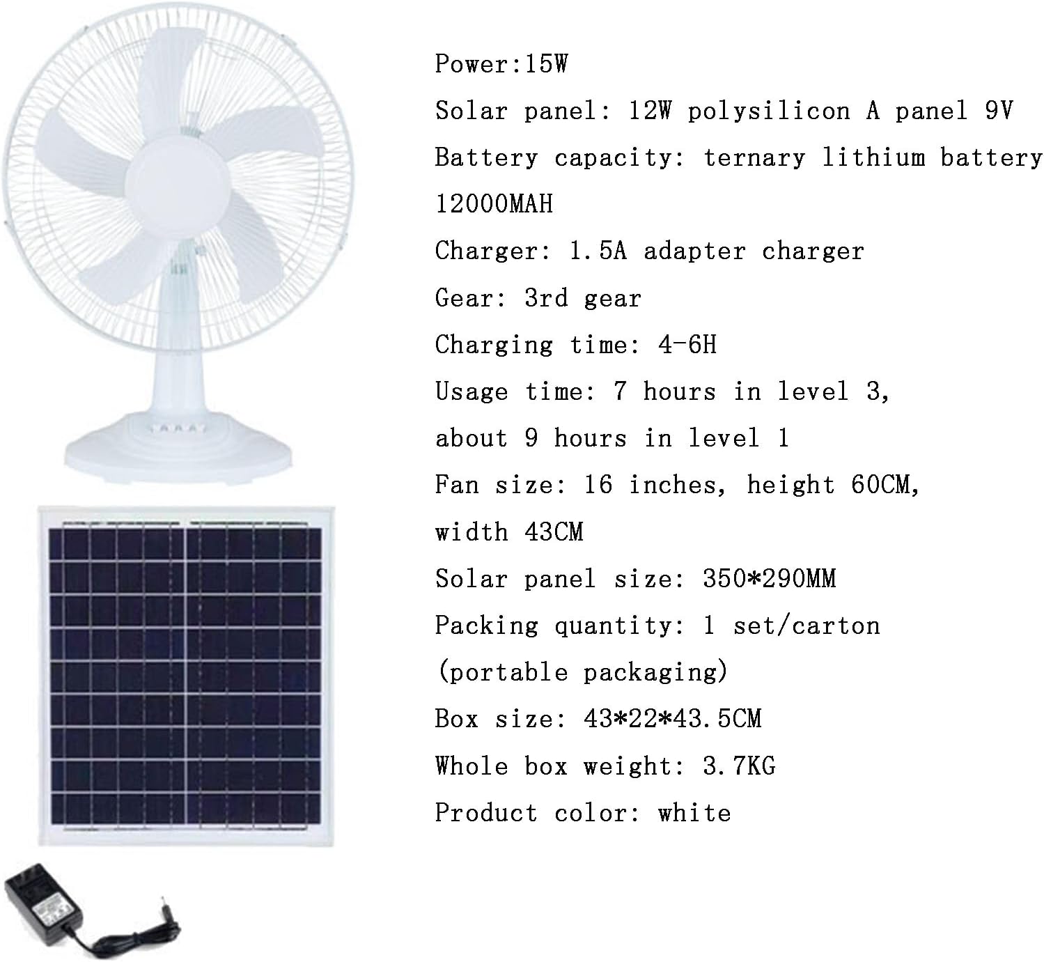 12/16 Inch 15W W/6W Solar Panel 12v AC/DC Solar Fan with Panel and Battery,Portable 3 Gears Wind Speed Solar Fan,3/5 Blades (16 inches (Five Blades))