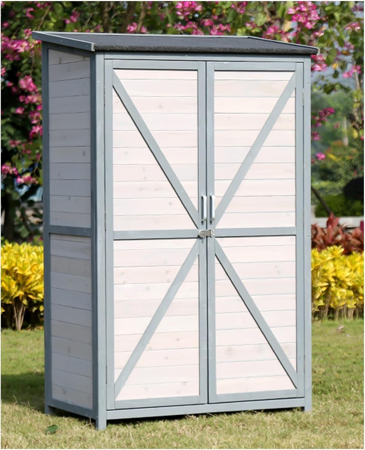 Rainproof Outdoor Storage Shed, Multi-Purpose Storage Cabinet, Backyard Wood Storage Organizer, Weather Resistant Garden Container with Shelves, for Lawn Mower, Garden Tools(White)