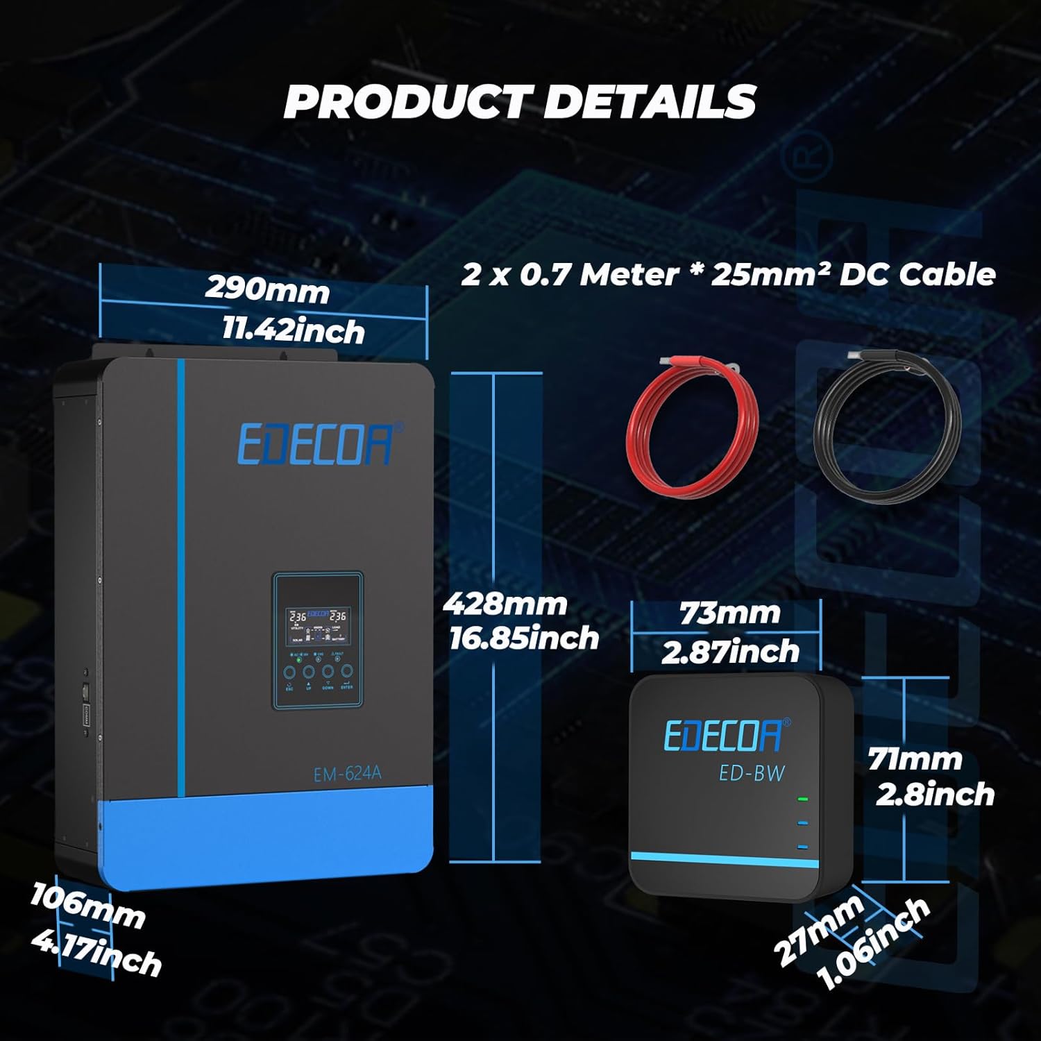EDECOA Hybrid Inverter 48v 220v 7000VA/6200W, Solar Charger MPPT 110A Pure Wave 55-450Vdc Off-Grid Battery Charger, Solar Charge Regulator, Network Priority (Compatible WiFi Module)