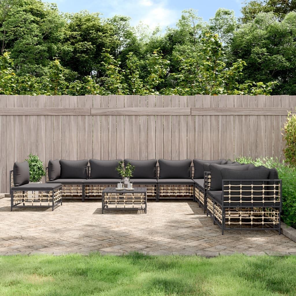 11 Piece Patio Lounge Set with Cushions Anthracite Poly Rattan,Weather Resistant Outdoor Lounge Set with Comfortable Seating and Modular Design Outdoor Furniture, Patio Seating