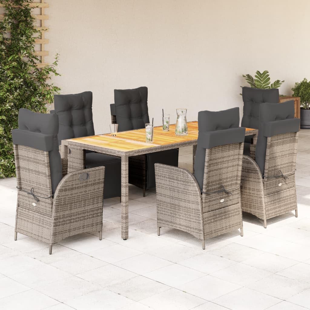 7 Piece Patio Dining Set with Cushions Gray Poly Rattan,Adjustable Garden Dining Set with Reclining Chairs & Cushioned Comfort for Patio and Backyard Patio Furniture Sets, Outdoor Furniture Sets