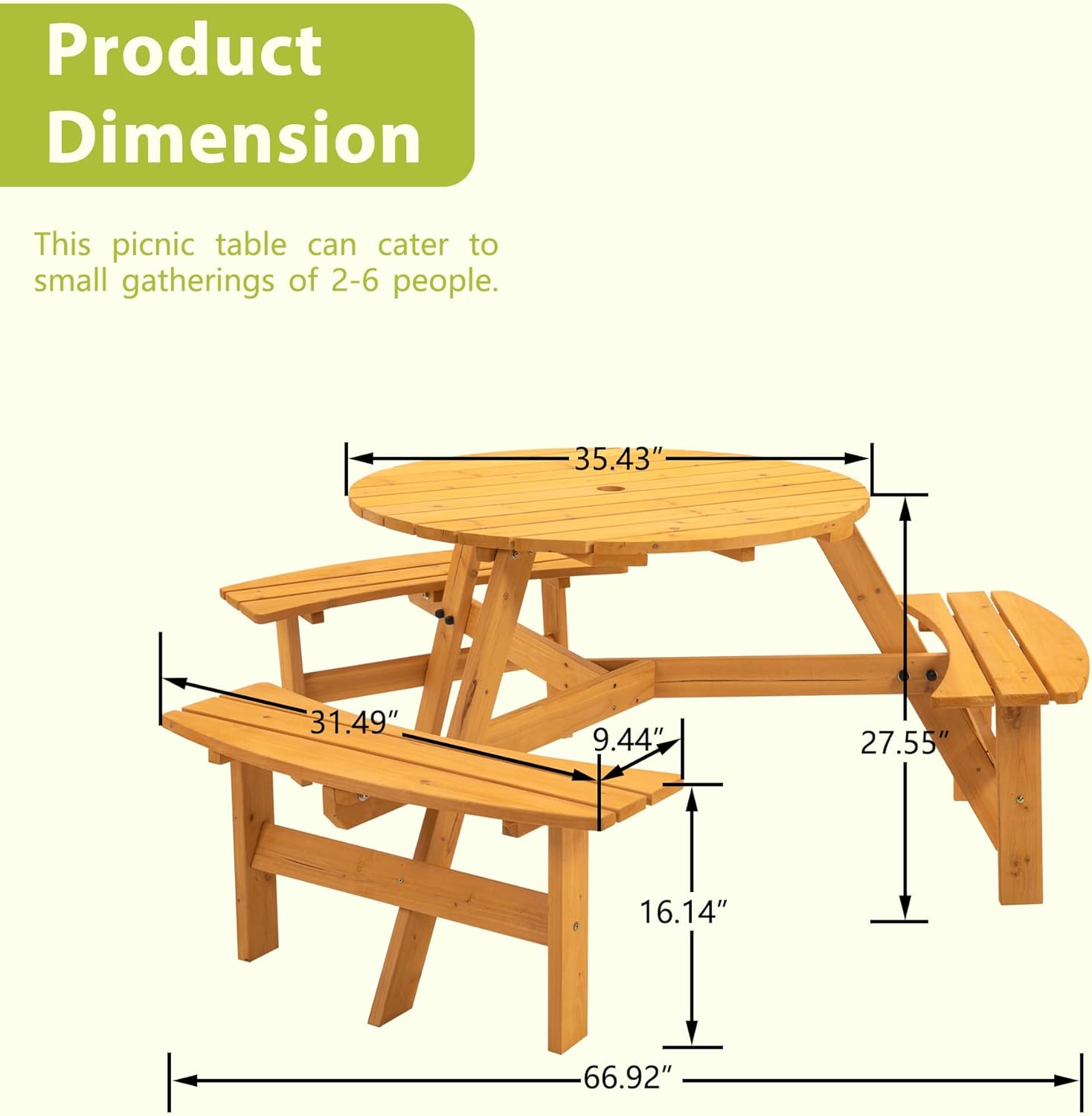 Picnic Table for 6-8 Outdoor Table and Chairs Circular Outdoor Wooden Picnic Table with Curved Benches - 35