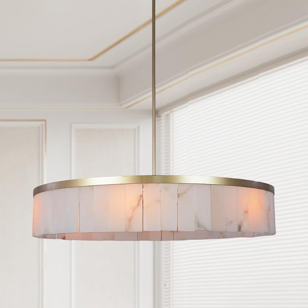 41 Inch Diam Alabaster Round Chandelier, Handmade Natural Stone Ceiling Light, Modren Organic Unique Textures Stone Light Fixture, Hanging Fixture for Kitchen Island, Dining Room, Living Room