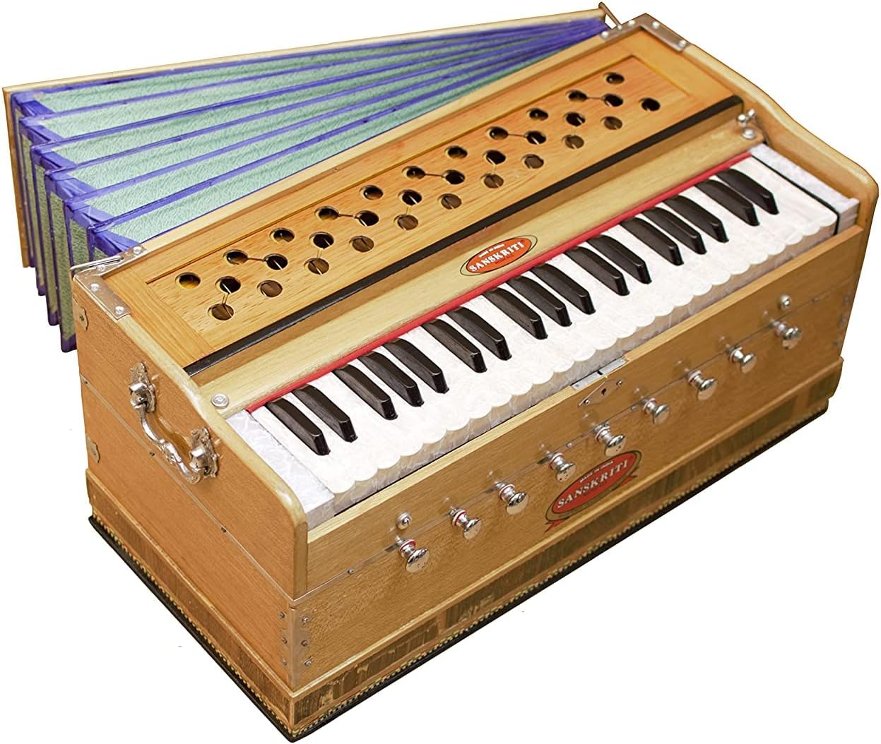 Harmonium by Maharaja Musicals, In USA, 9 Stops, 3 1/2 Octave, Double Reed, Coupler, Natural Color, Standard, Padded Bag, A440 Tuned, Musical Instrument Indian Sangeeta (PDI-AABG)