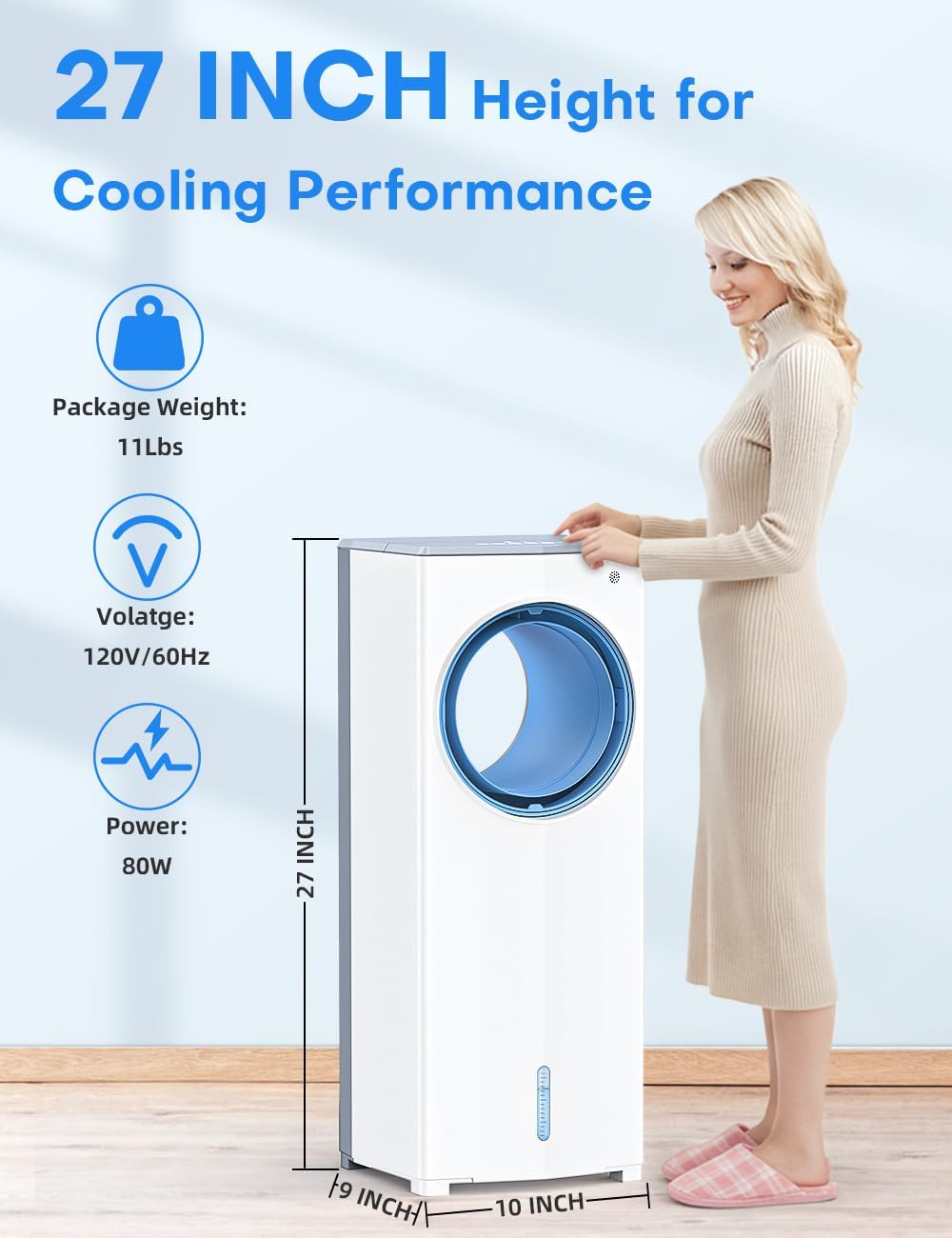 27 INCH Evaporative Air Cooler, Bladeless Windowless Air Conditioners w/4 Modes & 3 Speeds, 1 Gallon Double Tanks for 12H Cooling, 360°Auto Swing, 20ft Remote Control,7H Smart Timer, 4 Ice Packs