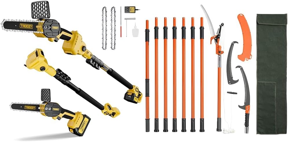21V Cordless 2-in-1 Pole Saw & Mini Chainsaw, VEVOR Manual Extendable 7.3-27 ft Tree Pruner with Scissors, for Trimming High Branches