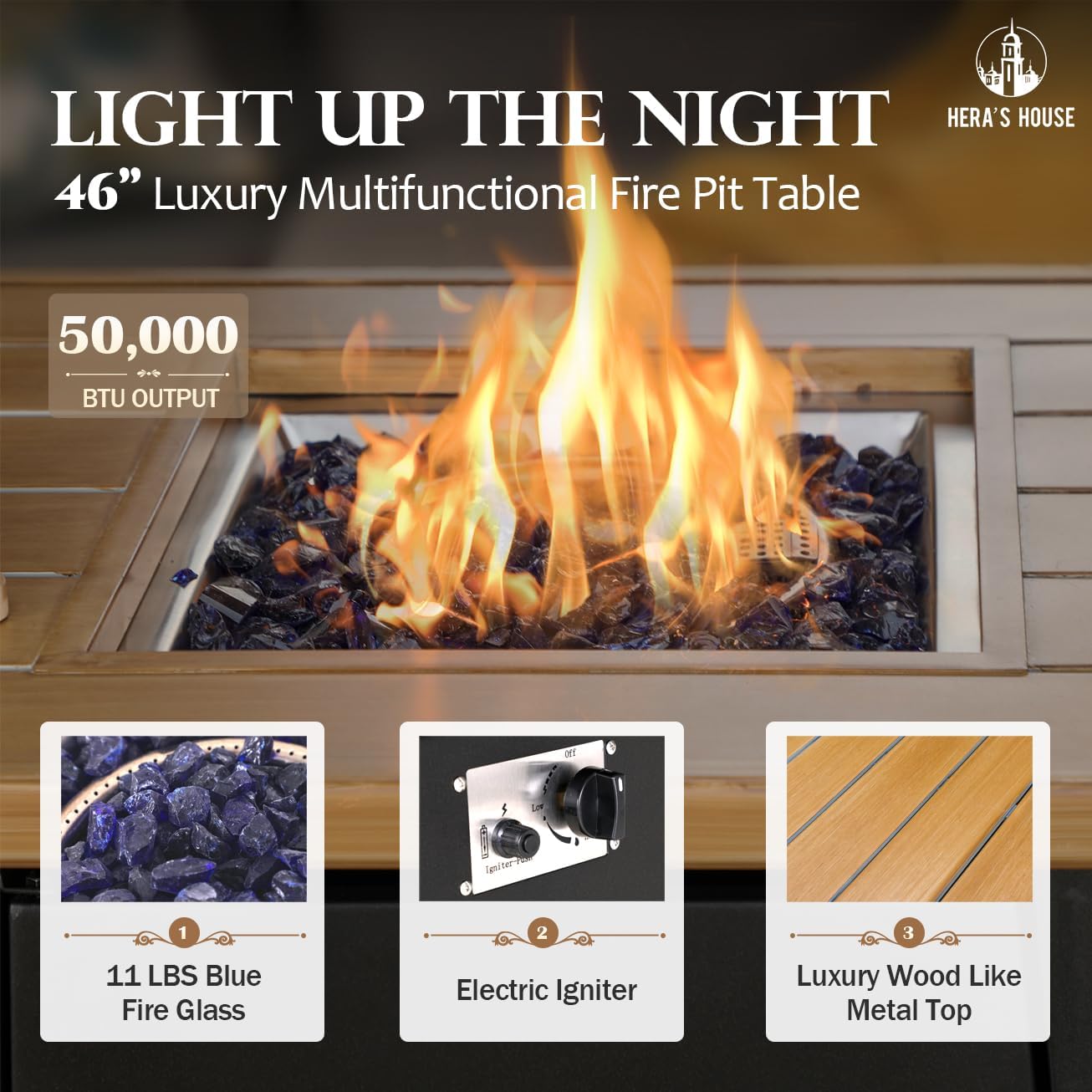 HERA'S HOUSE 4 Pieces Patio Furniture Set with Fire Pit Table, 2 x Swivel Cushioned Chair, 3-Seat Sofa with 46