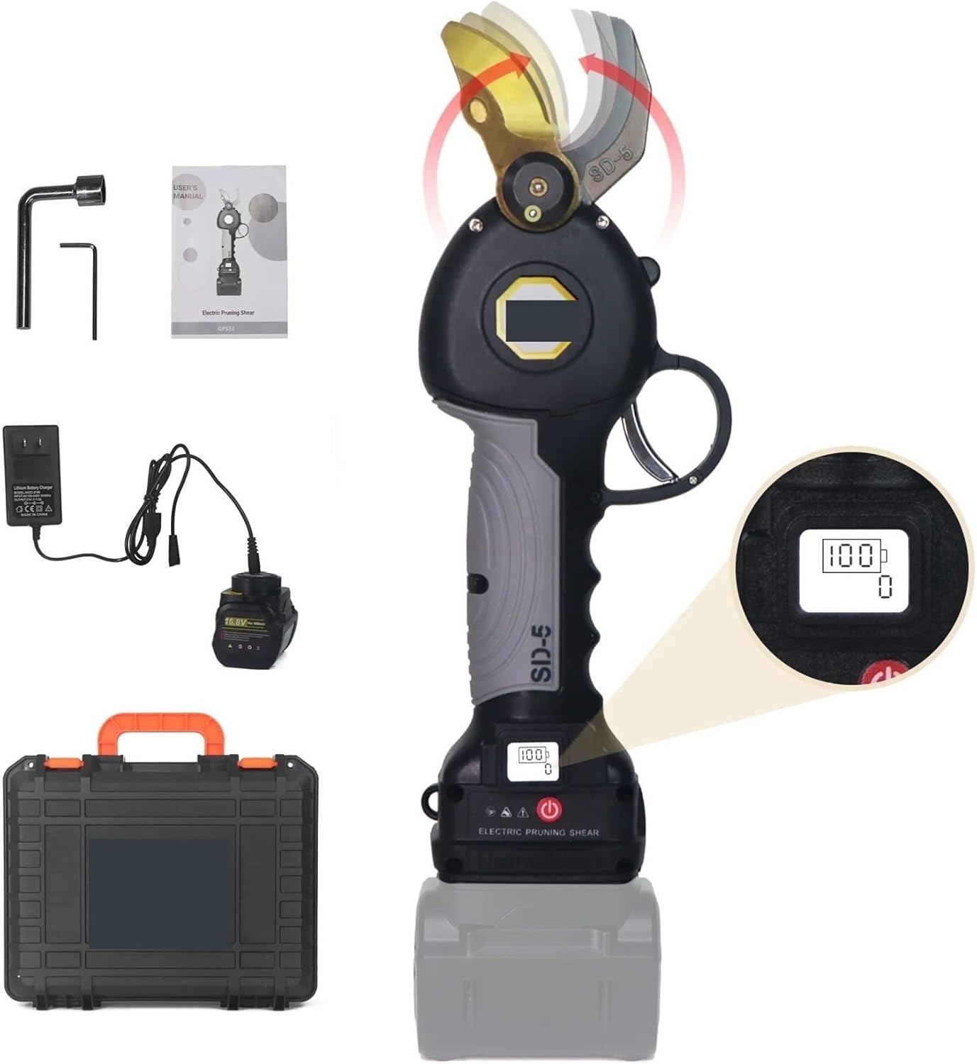 Two Batteries and one Charge Electric Pruner Drop-Forged Alloy Steel Dual-Action Blades Electric Pruning Shears, 16.8V 4.5AH Brushless Cordless Garden Tree Pruner Quickly Cutting