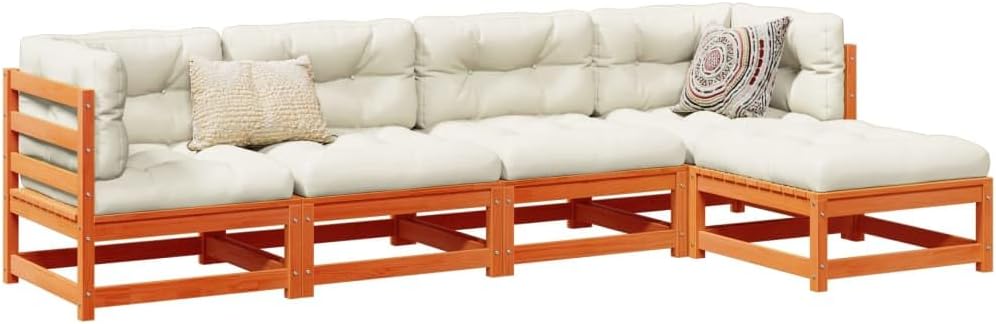 Garden Sofa Set, Wax Brown Solid Pine Wood, Large Modular 5-Piece Outdoor Patio Furniture, Balcony Dining Seating for 5 People