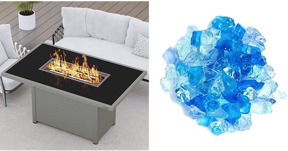 EAST OAK 52'' Propane Fire Pit Table, 60,000 BTU Gas Firepit W/Large Tempered Glass Tabletop & Hiland RGLASS-BB Pit Fire Glass i n Bahama Blend, Extreme Tempature Rating