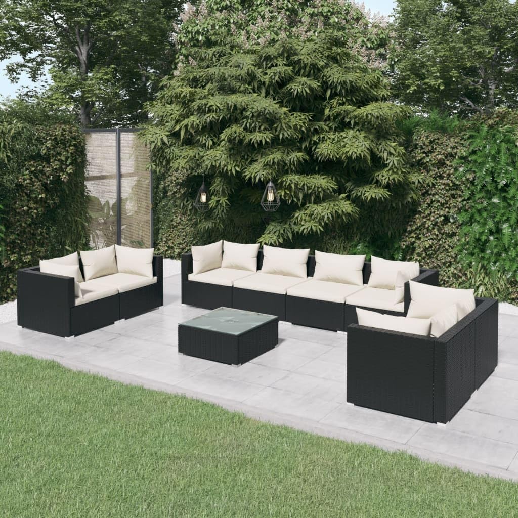 9 Piece Patio Lounge Set with Cushions Poly Rattan Black,Elite Patio Lounge Set: Comfort and Style for Outdoor Relaxation Patio Furniture Sets, Outdoor Furniture Sets