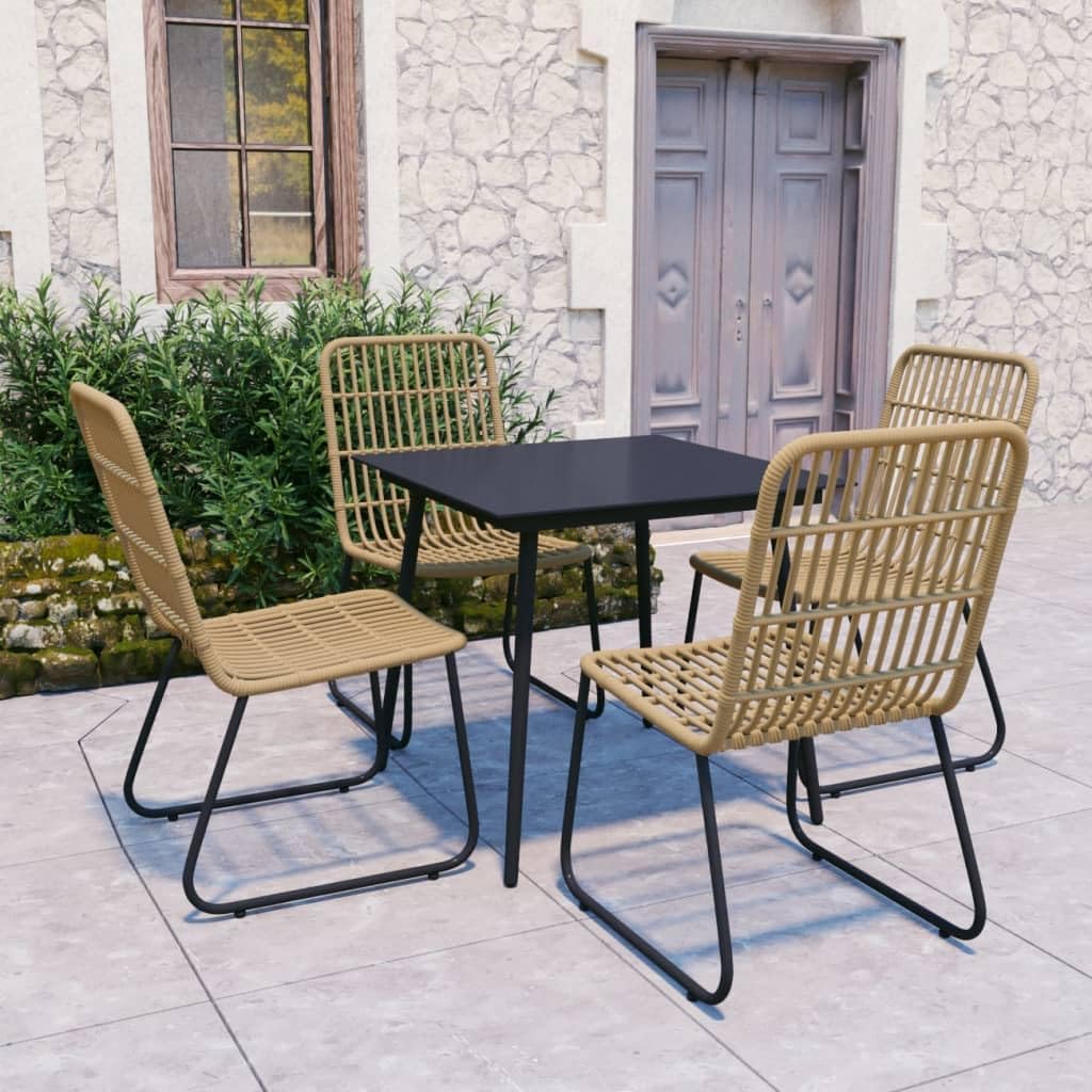 Oak and Black Poly Rattan Dining Set, Powder-Coated Steel Frame, Glass Tabletop, 4-Person Outdoor Patio Furniture for Garden and Balcony