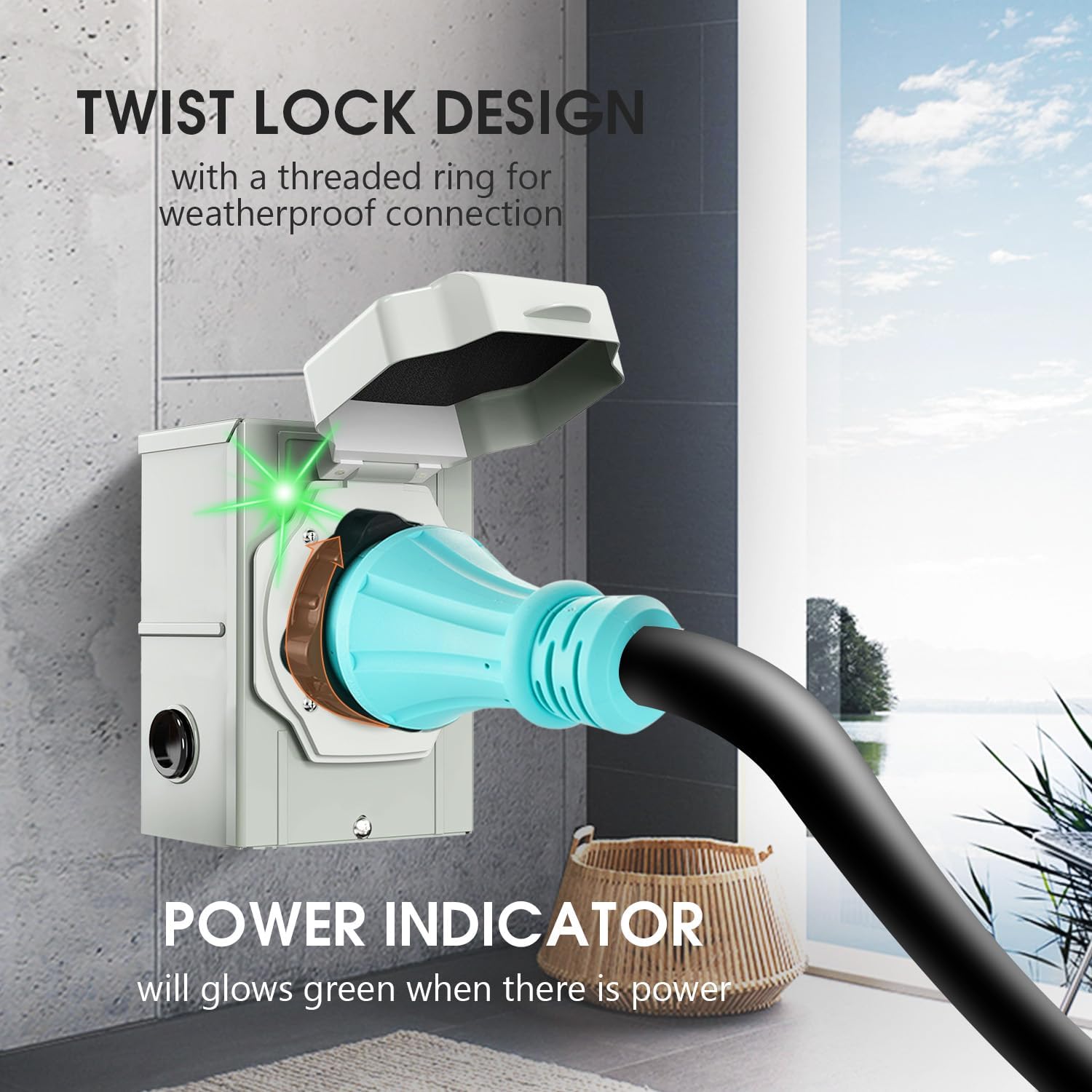 50 Amp Generator Cord 15FT and Power Inlet Box, 125V/250V Extension Power Cord, NEMA 14-50P/SS2-50R Twist Lock Connector, NEMA SS2-50P Pre-Drilled Inlet Box for Generator to House, ETL Listed