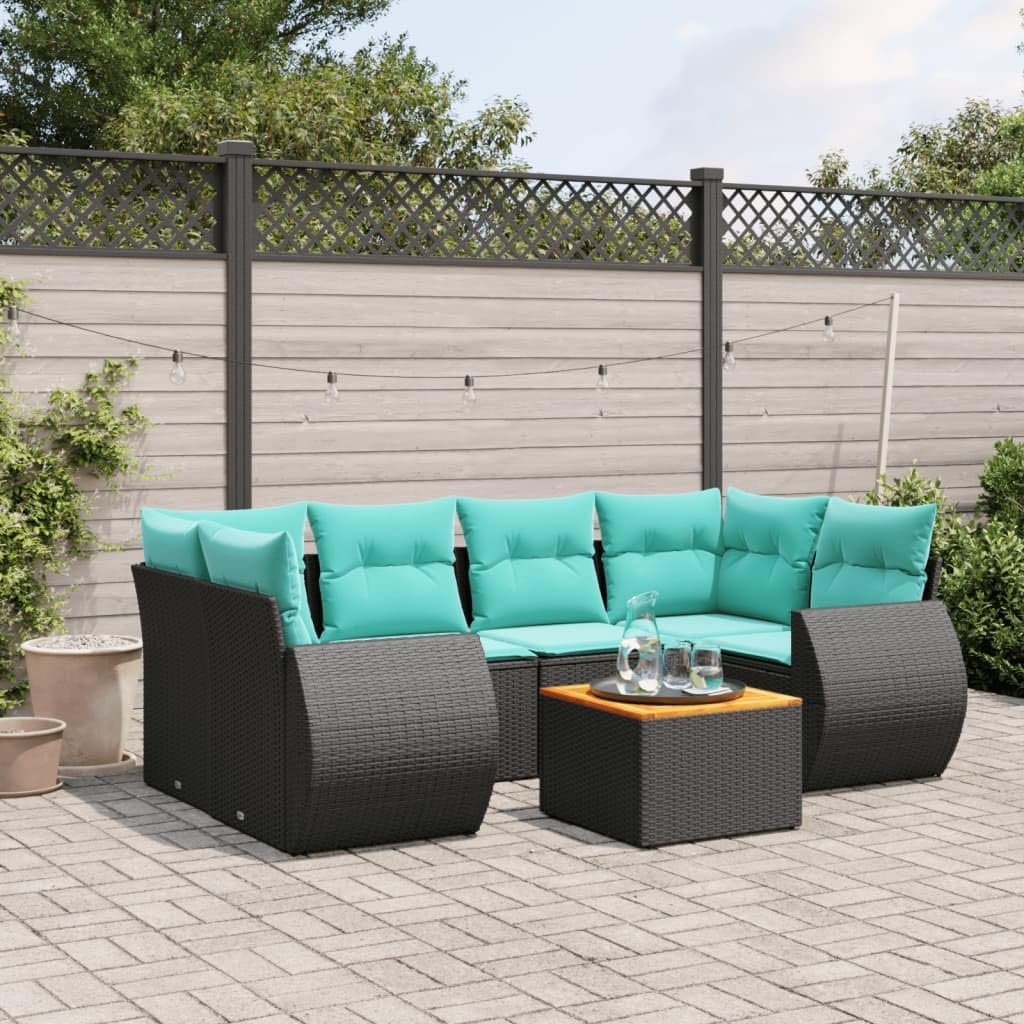 7 Piece Patio Sofa Set with Cushions Black Poly Rattan, Modular Outdoor Furniture with Acacia Wood Tabletop and Waterproof Storage Bags for Backyard Terrace