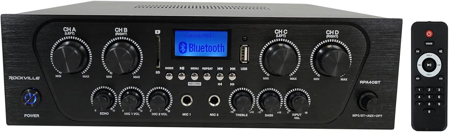 Rockville RPA40BT 1000W 4-Zone Home Stereo Bluetooth Amplifier Receiver, Multi-Room Audio, RCA/USB/SD/Optical Inputs, Mic Mixer w/Echo, FM Radio, for Home Entertainment and Small Venues