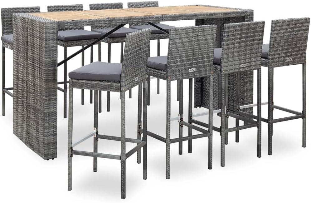 Furniture Sets 9 Piece Patio Bar Set Poly Rattan and Acacia Wood Gray,Headline:Unveil The Unparalleled Elegance of Our Outdoor Poly Rattan Bar Set Garden Conversation Sets