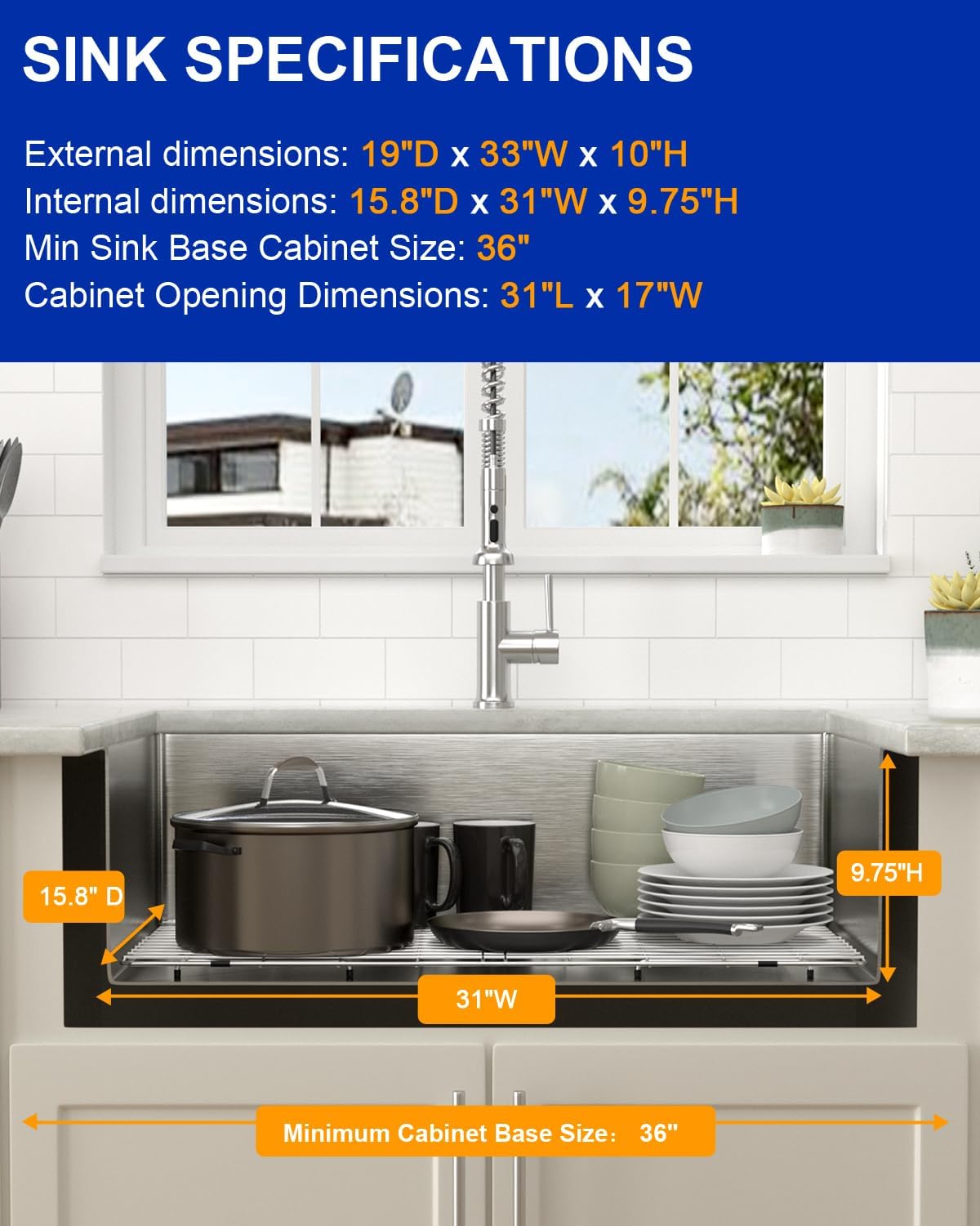 Dcolora 33 in. Undermount Single Bowl Workstation Stainless Steel Kitchen Sink 16 Gauge 304 Handmade Welding with Accessories, Round Corner 33