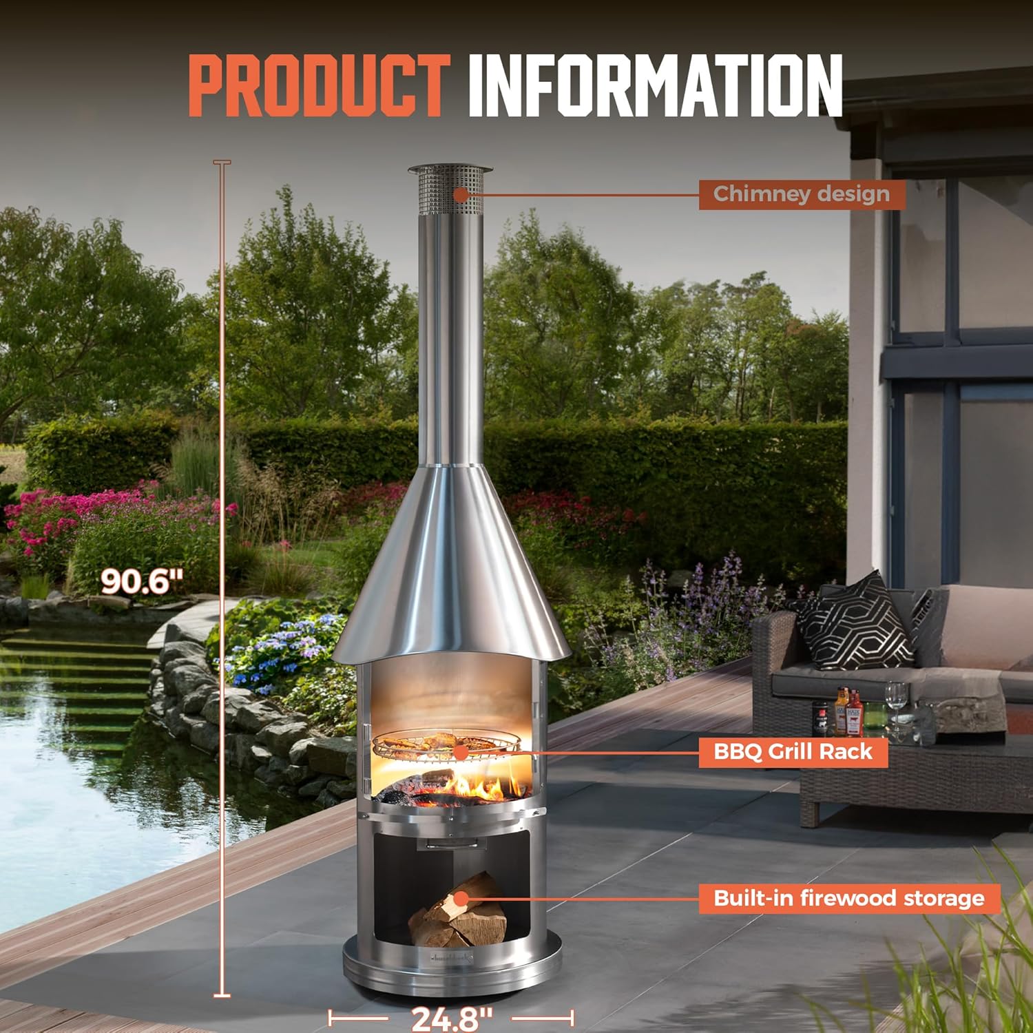 Twin-Walled Chimenea, Modern Stainless Steel Chimenea Fireplace with Wood Storage and Chimney, Outdoor Wood Burning Chiminea with Grill and Spark Screen for Patio and Backyard, 90.6” H