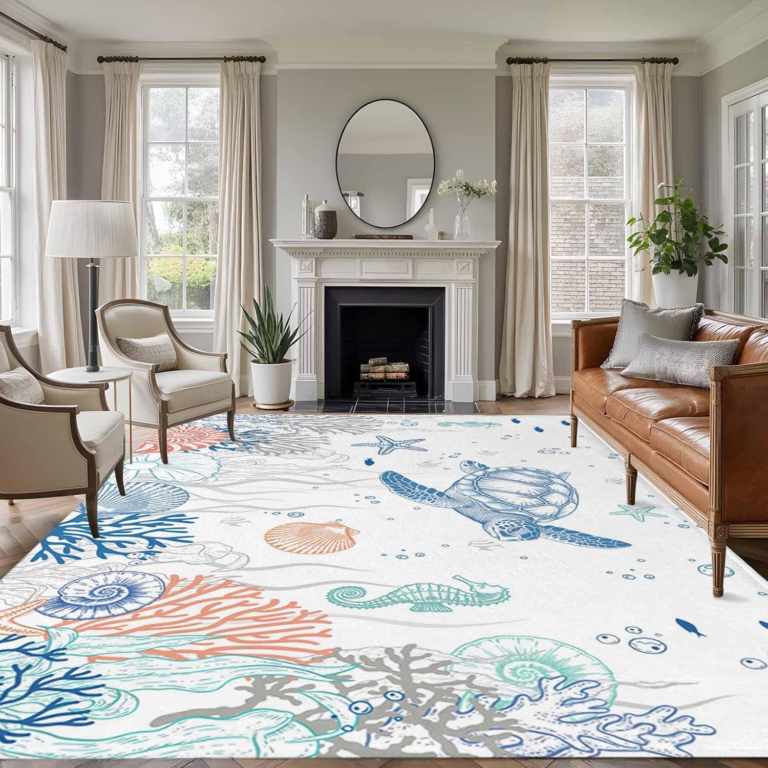 Large Area Rug 8'x10',Ocean Sea Turtle Non-Slip Runner Carpet for Living Room/Bedroom/Office,Summer Coastal Beach Starfish Corals Outdoor Indoor Rectangle Area Rug Floor Mat for Kitchen/Dining Room