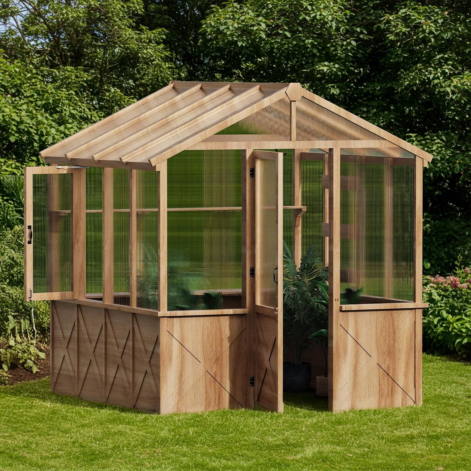 8*9.2*8.2FT Wooden Greenhouse,Green House with Shelves&Plant Hooks,Sloped Roof Design,Unique Metal Rod,UV-Resistant 6mm Polycarbonate Panel Windows, European Spruce Frame for Outdoor Garden Backyard