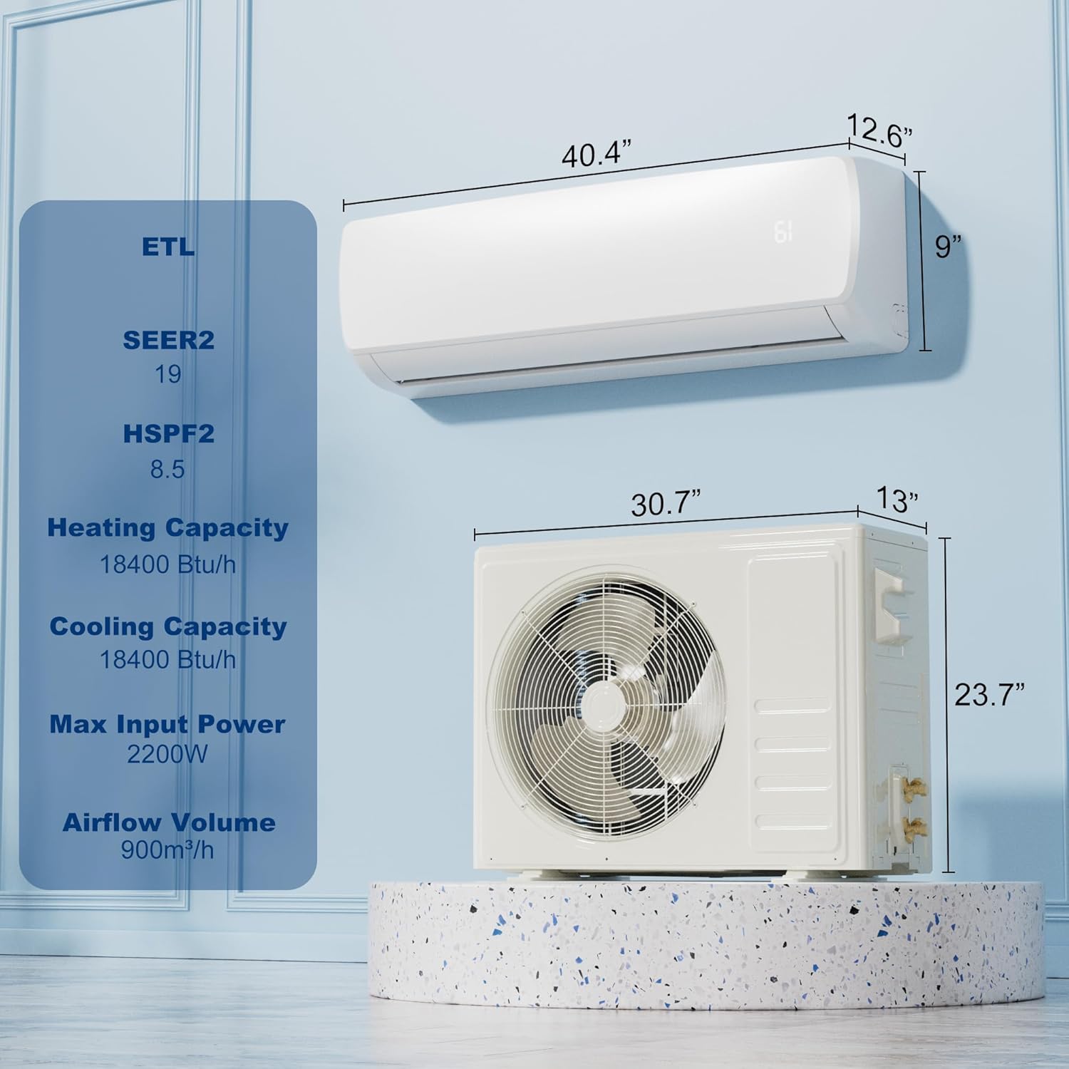 Uthfy 1800BTU 230V Mini Split AC/Heating System, Energy Efficent Ductless Inverter Air Conditioner,Pre-charged Condenser, Heat Pump,1.5 Ton,Cool Up to 1250sq.ft,19 SEER 2,Installtion Kits Included